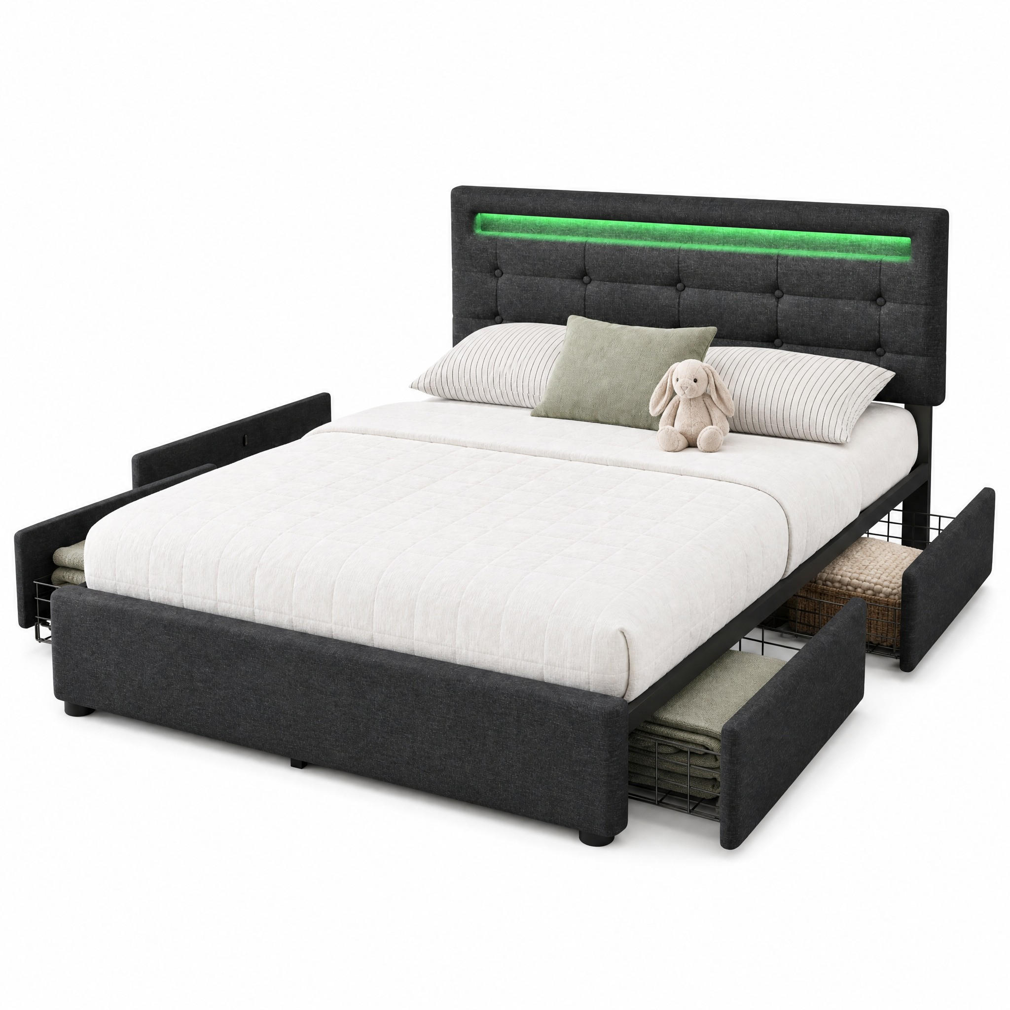 POLSTERBETT 140/200 cm in Grau mit 4 Schubladen, LED und verstellbarem Kopfteil Leinen - Grau, Holzwerkstoff/Textil (140/200cm) - STILVORA