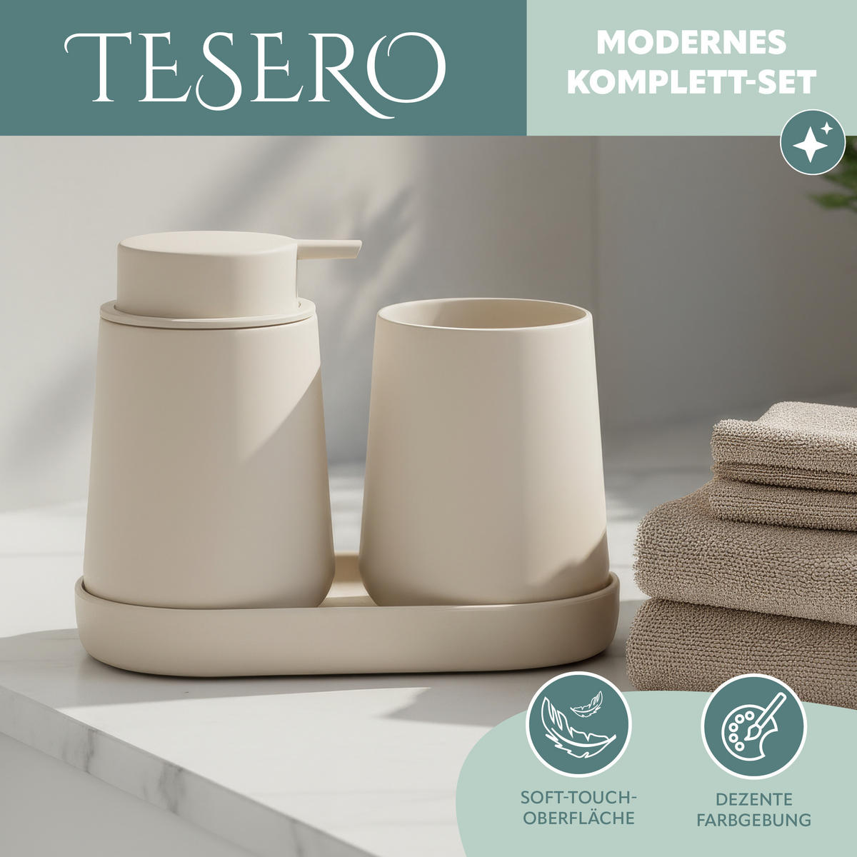 BAD-ACCESSOIRES-SET TESERO, Soft-Touch, beige - Beige, Kunststoff (18.5/13.5/10cm) - eluno