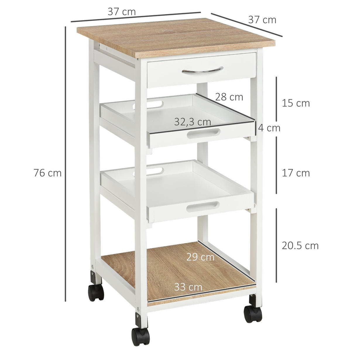 KÜCHENWAGEN, Küchenwagen mit 2 abnehmbaren Tabletts, Schublade und Ablage, Eichen- und Kiefernholz - Multicolor, Metall (37/76/37cm) - FORIOUS
