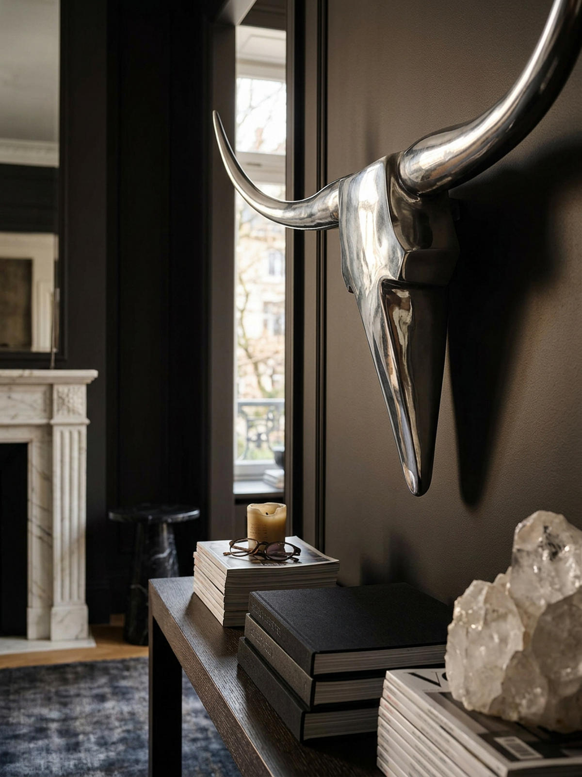 WANDDEKO Bull Geweih aus Aluminium 125 cm Breite, Silber 100x5x35 cm - Silberfarben, Metall (100/35/5cm) - KADIMA DESIGN