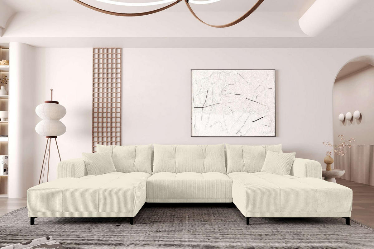 WOHNLANDSCHAFT Massimo Cordstoff Creme inkl. Schlaffunktion - Creme/Schwarz, Textil/Metall (356/94/181cm) - 99rooms