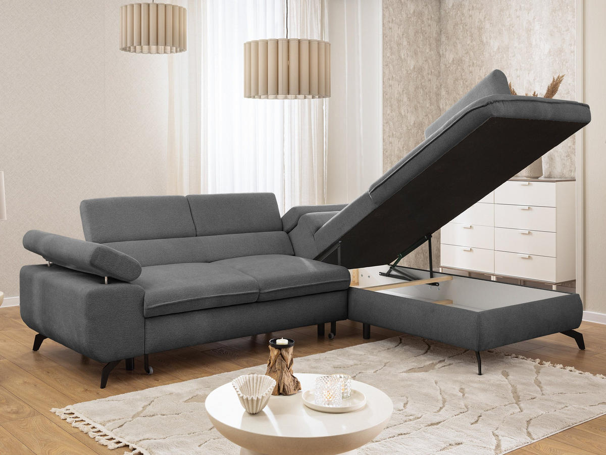 ECKSOFA mit Schlaffunktion und Bettkasten Bonnie aus Grau Chenille-Stoff mit verstellbaren Kopfstützen und Armlehne - Ottomane rechts - Schwarz/Grau, Holz/Textil (275/210cm) - S-Style Möbel