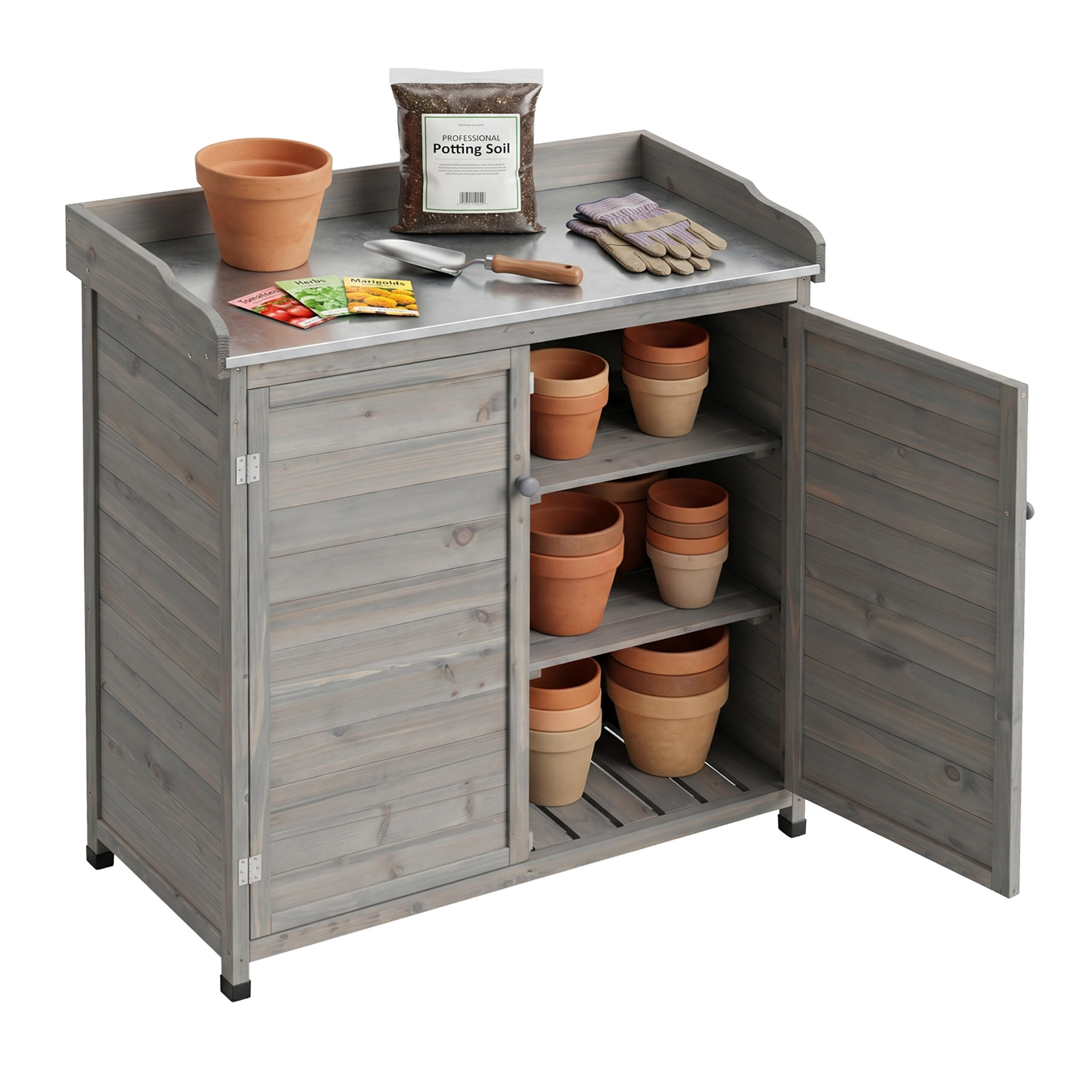 STŮL Šedý s pozinkovanou pracovní deskou a skříňkou - šedá, kov/dřevo (45/94.5/106cm) - Relaxdays