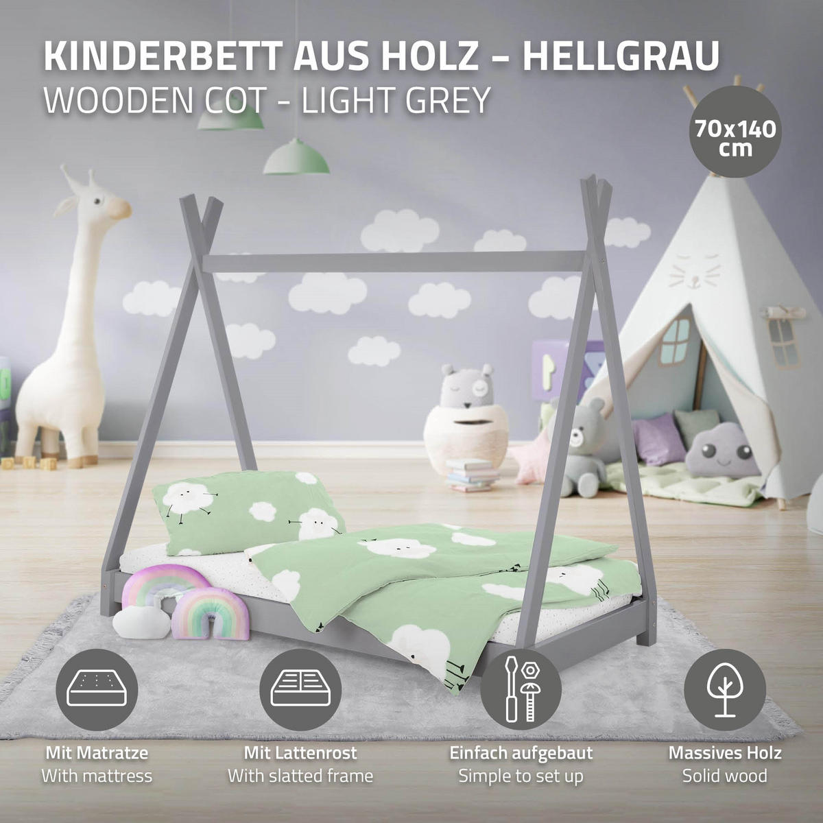 KINDERBETT Tipi mit Matratze 70x140 cm Hellgrau - Hellgrau, Holz (70/140cm) - ML-DESIGN