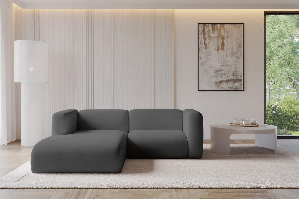 ECKSOFA Ottomane Links MIRA-L1 227x179x89 Dunkelgrau Velours - Dunkelgrau/Schwarz, Holzwerkstoff/Kunststoff (227/179cm) - ALTDECOR