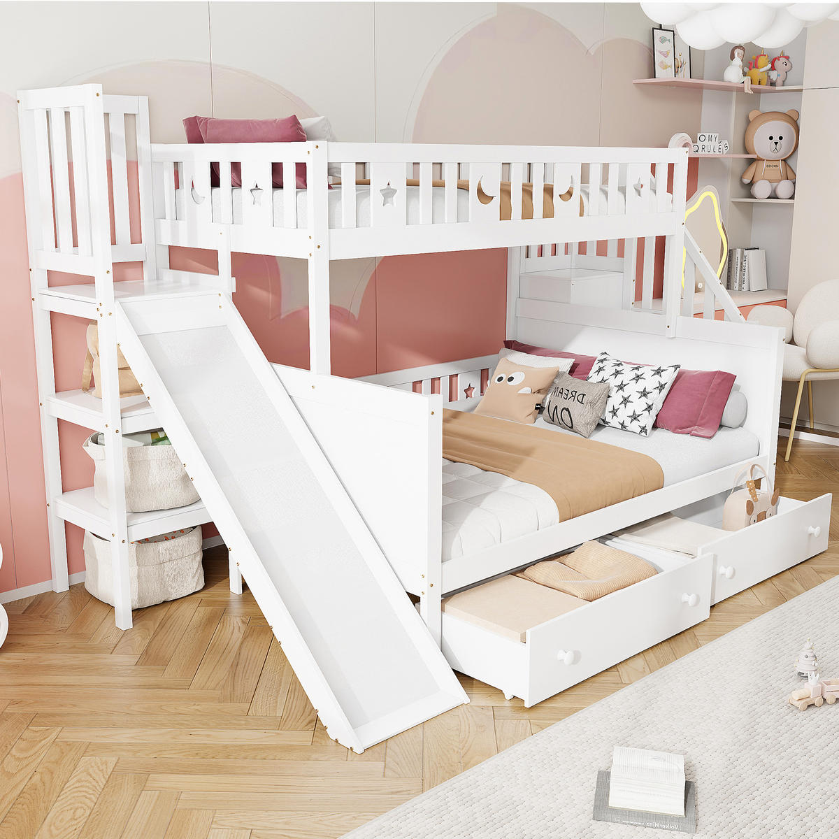 ETAGENBETT 90/140 cm mit Rutsche und Stauraum aus Massivholz weiß - Weiß, Holz (90/140cm) - OKWISH