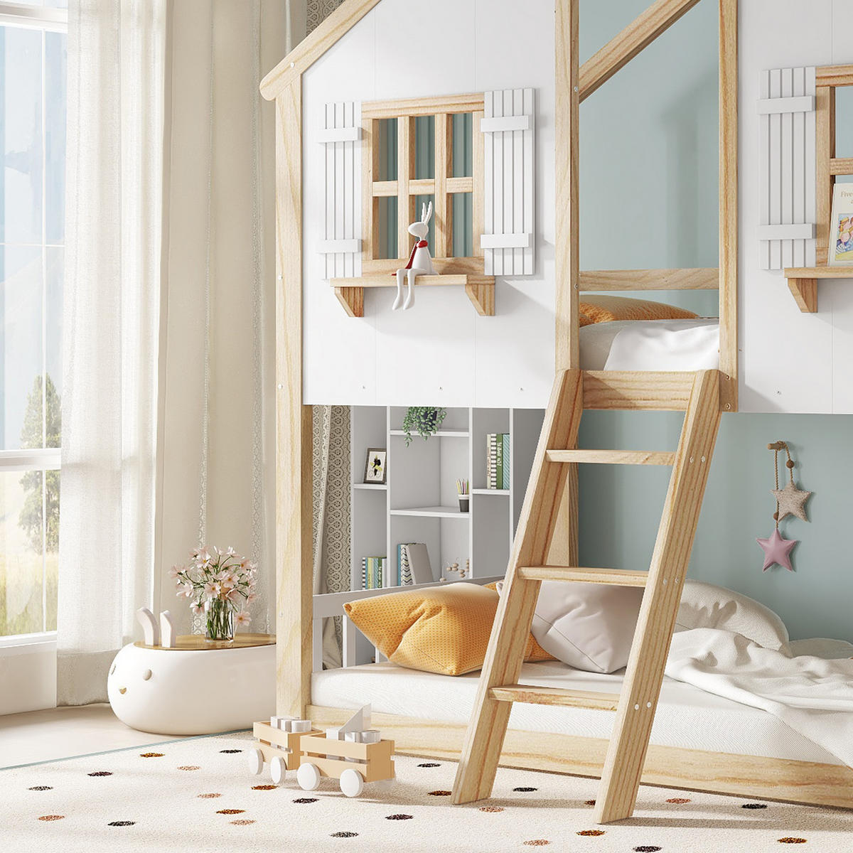 ETAGENBETT 90/200 cm & 90/200 cm in Weiß & Natur mit Dach, Fenster und Leiter - Weiß/Naturfarben, Holz/Holzwerkstoff (90/200cm) - CHICFURN