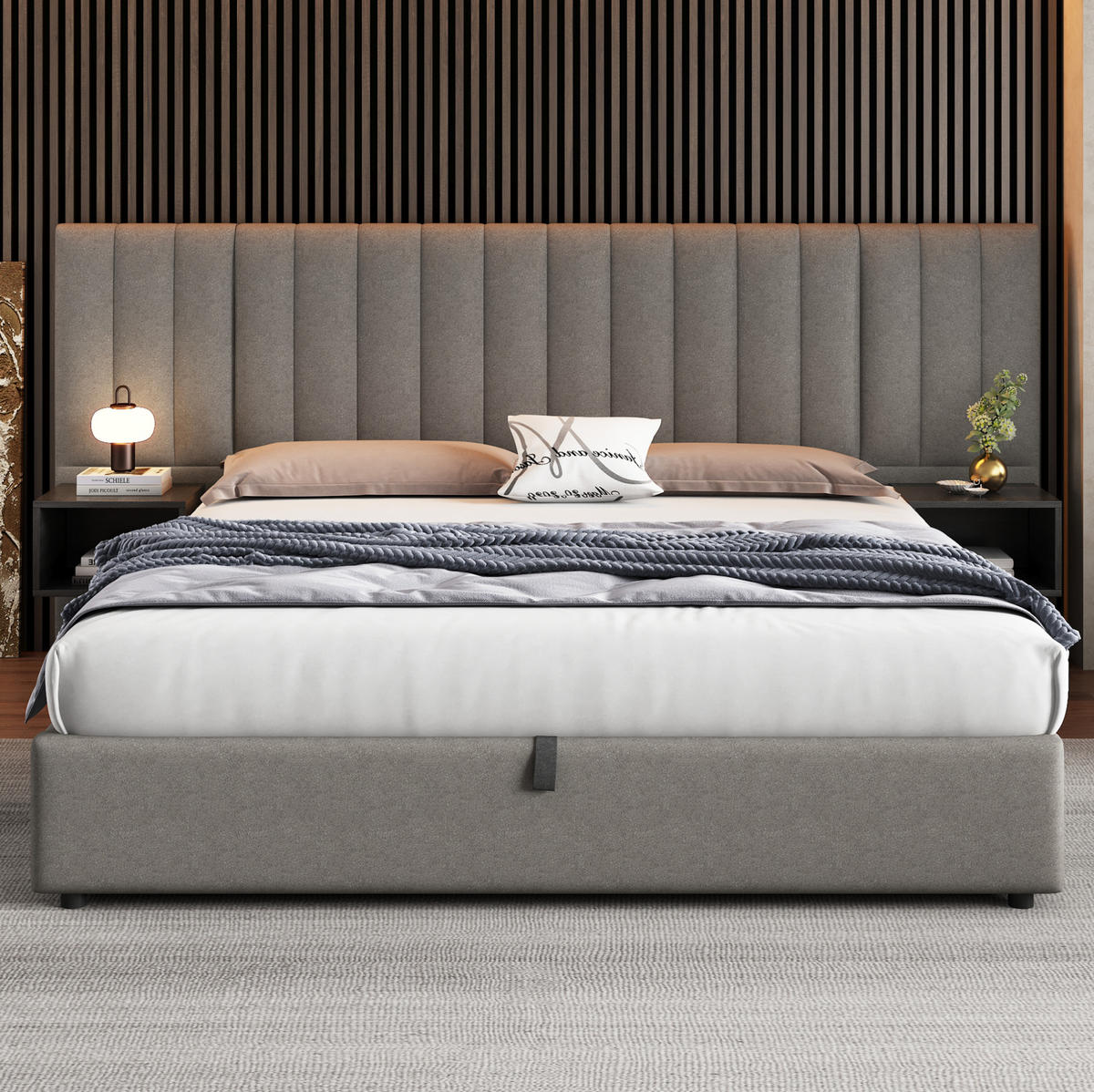POLSTERBETT 180/200 cm Grau Schwarz mit hydraulischem Stauraum und 2 Nachttischen - Grau, Textil (180/200cm) - OKWISH
