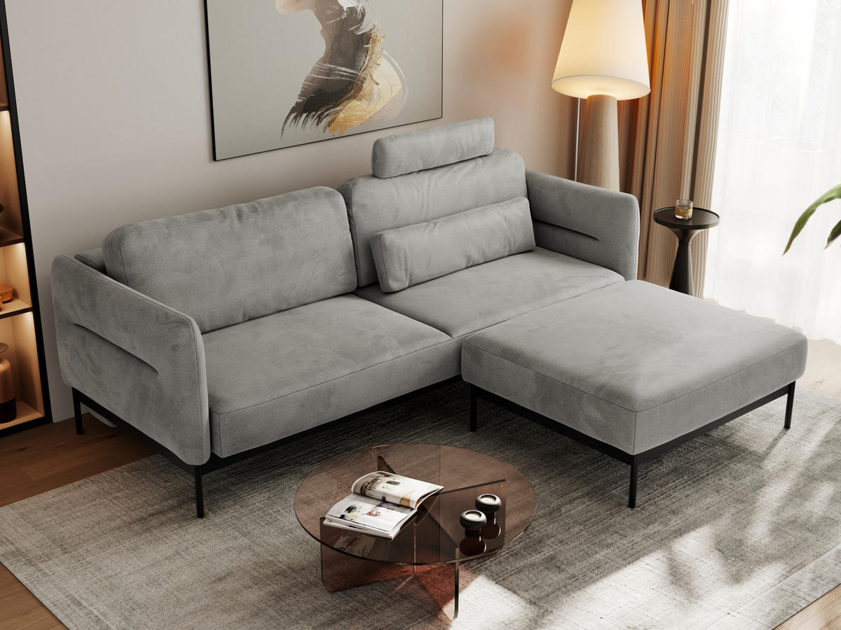 SCHLAFSOFA SALENTO Hellgrau Velvet - Hellgrau/Schwarz, Textil/Metall (221/82/193cm) - MKS