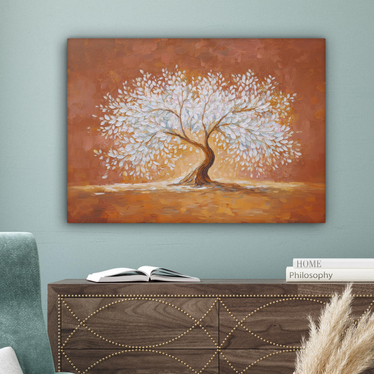 LEINWANDBILD Abstrakt - Baum - Weiß - Blätter Wandbilder 80x60 cm - Braun, Textil (80/60cm) - MuchoWow