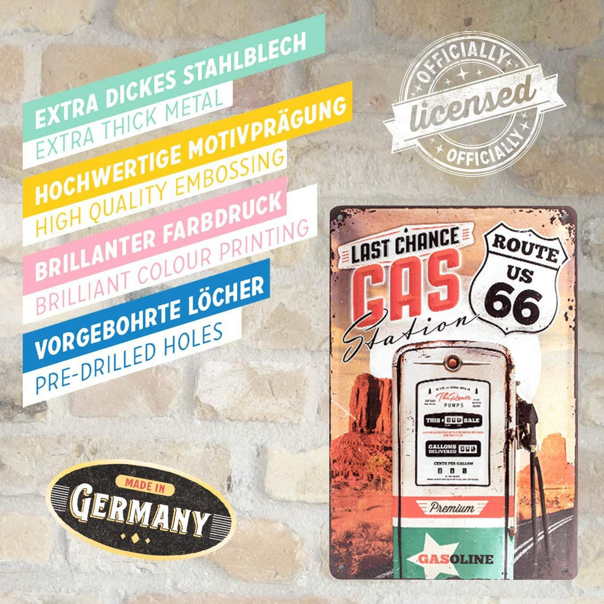 BLECHSCHILD 20/30 cm US Highways Route 66 Gas Station - Multicolor, Metall (20/30/0.2cm) - Nostalgic-Art