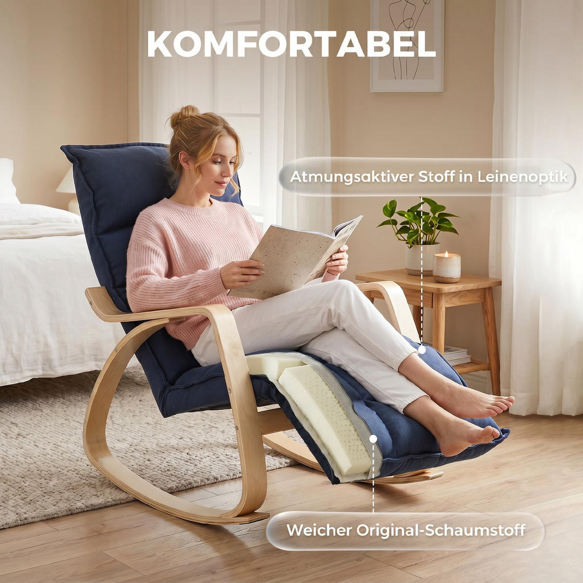 SCHAUKELSTUHL Stoff in Leinenoptik 100 Polyester Dunkelblau - Dunkelblau/Naturfarben, Holzwerkstoff/Textil (67/92/106cm) - HOMCOM