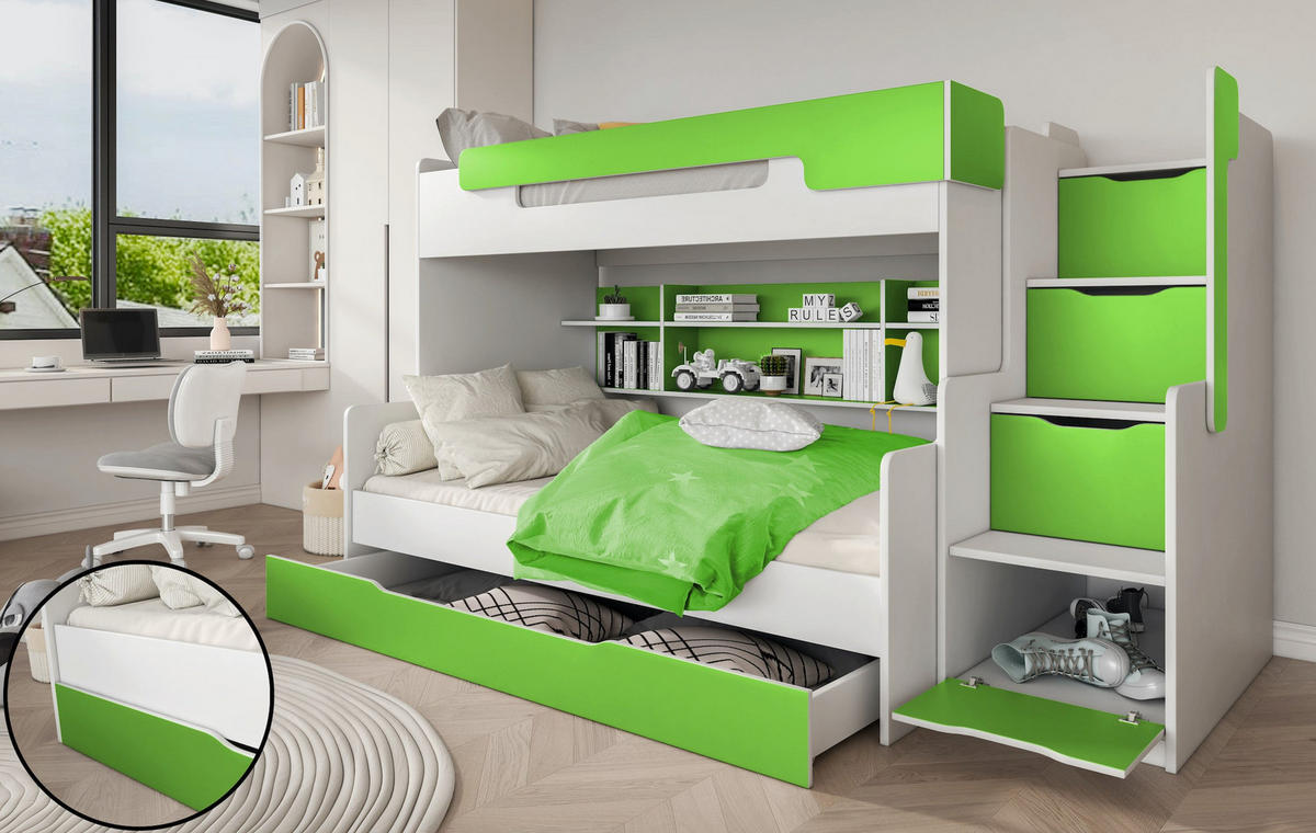 ETAGENBETT HARRY 260x129 cm – Stockbett für 2 Personen mit Treppe, Stauraum und 2 Matratzen - Grün, Holz (120/200cm) - Wohnideebilder