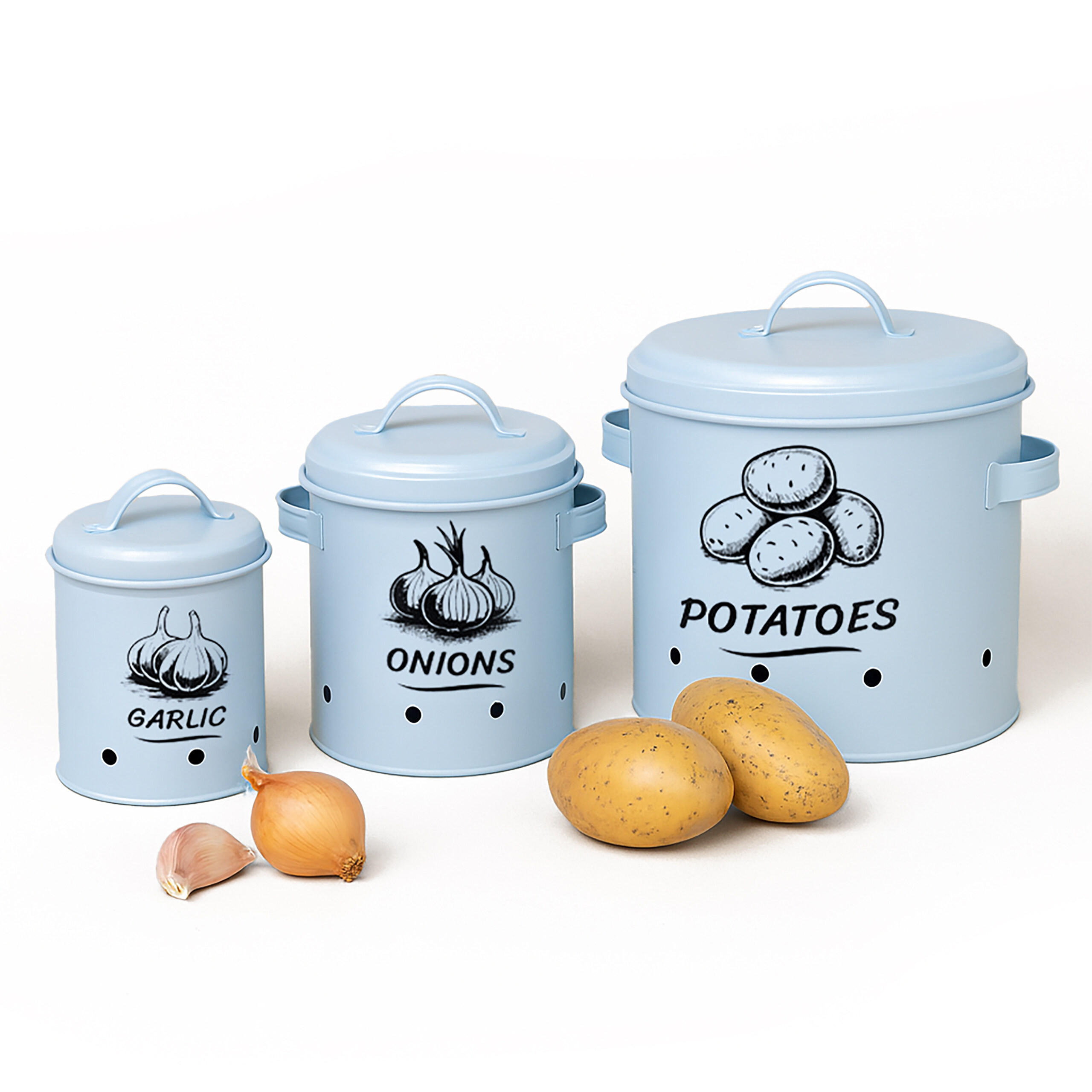 3XKARTOFFEL-AUFBEWAHRUNGSBOX - Hellblau, Metall - Relaxdays