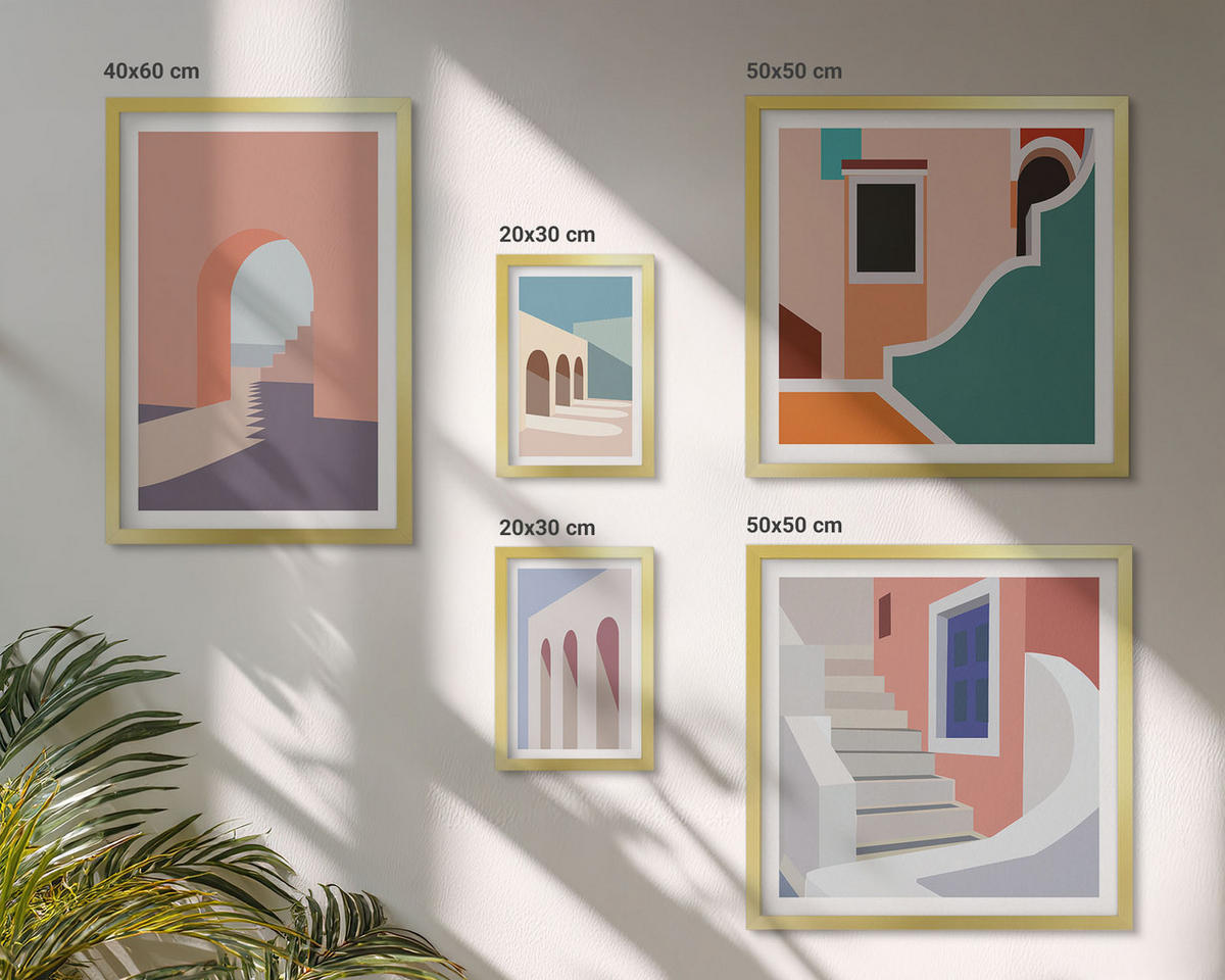WANDBILDER 5er Set - 50x50 cm & 20x30 cm & 40x60 cm Goldrahmen - Minimalistische Pastellgrafiken - Goldfarben, Kunststoff (40/60cm) - ArtPrintCave