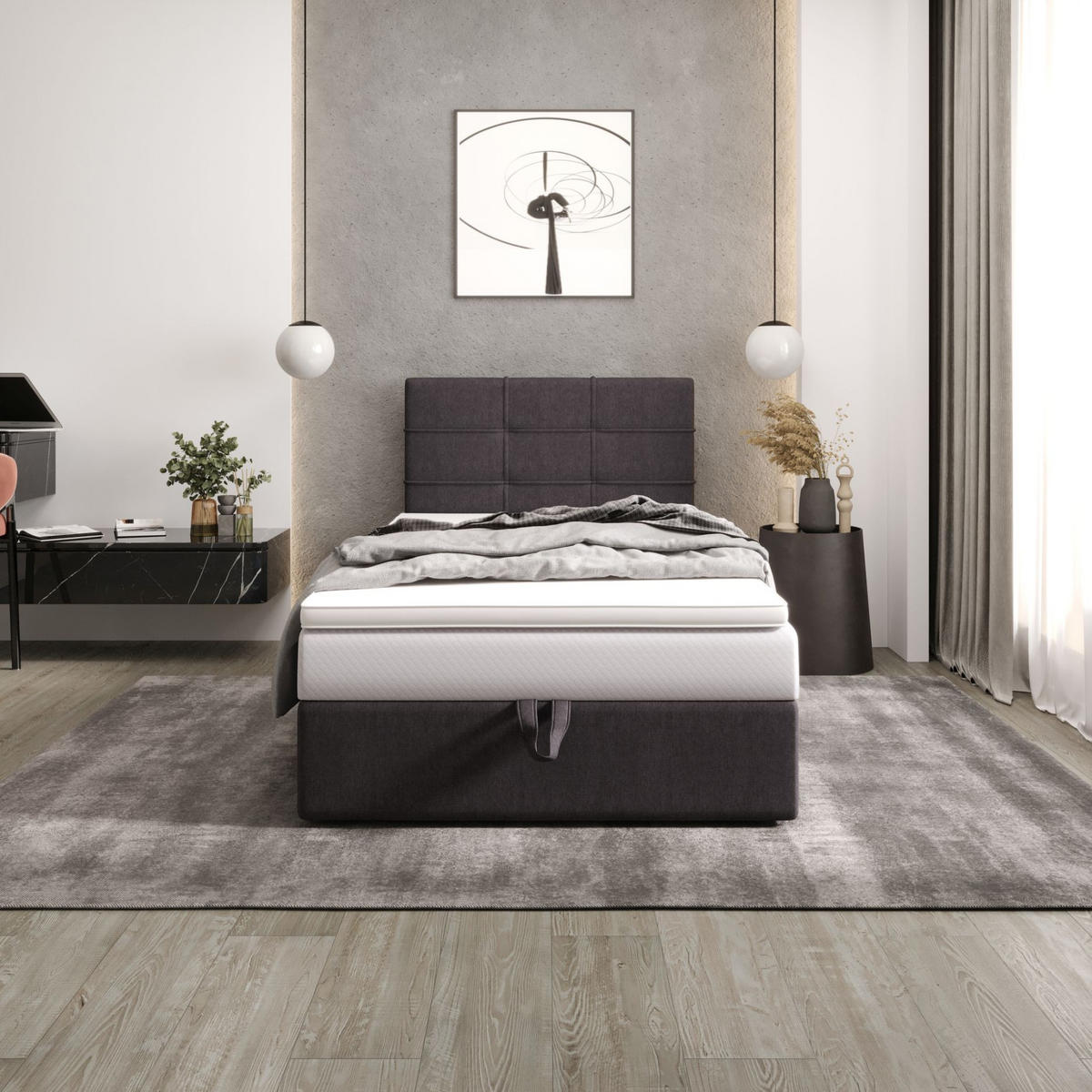 BOXBETT DUO 2 100x200 Cosmic 97, mit Matratze H3, Bonell und Topper, Grau - Grau, Holz/Kunststoff (100/200cm) - Bedante