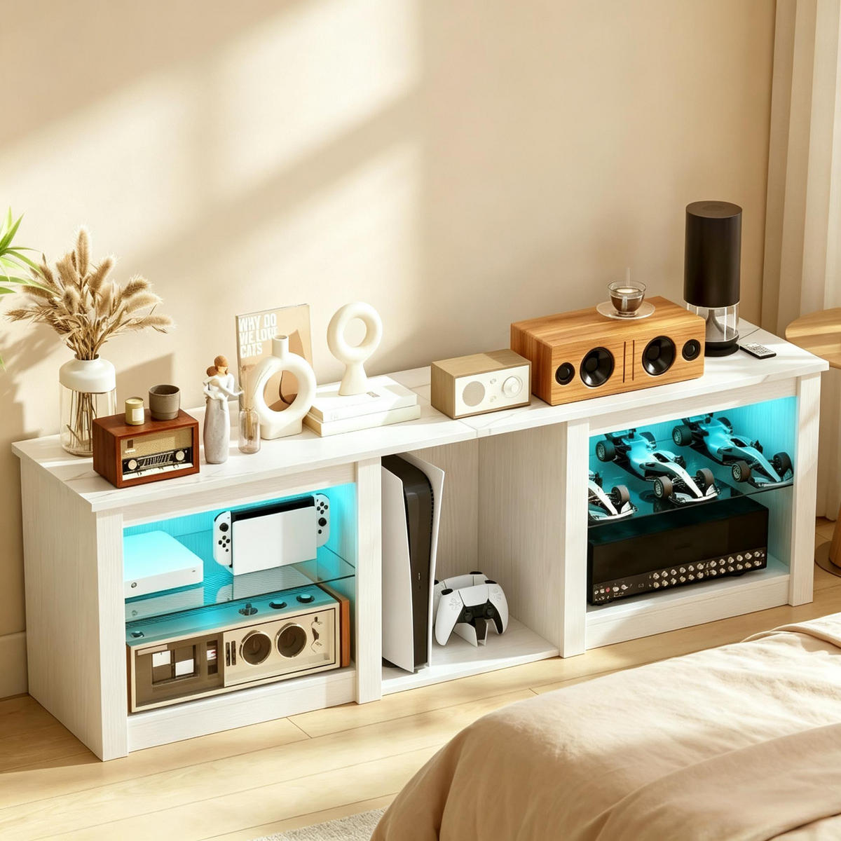 TV-SCHRANK 160/35/51.7 cm Weiß mit LED-Beleuchtung und verstellbaren Glasregalen - Weiß, Holzwerkstoff (160/51.7/35cm) - Oxeza