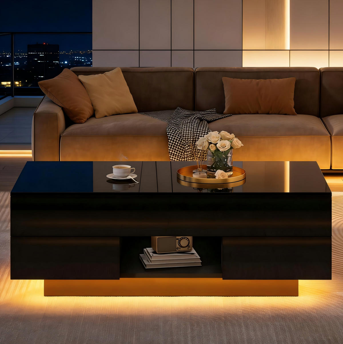 COUCHTISCH höhenverstellbar 100 x 45 x 43 cm Hochglanz Schwarz mit 2 Schubladen - Schwarz, Holzwerkstoff (100/45/43cm) - Meubliv
