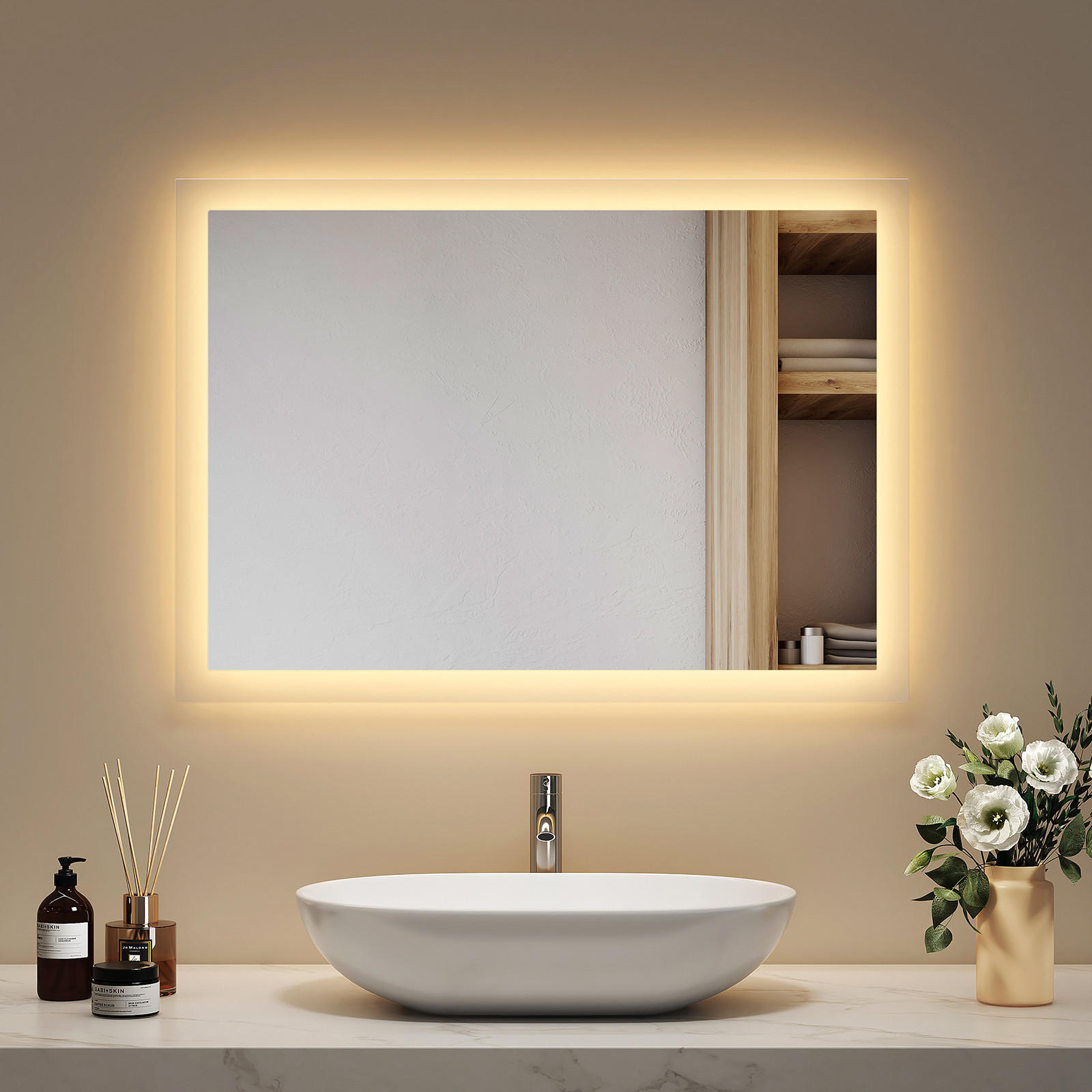 BADSPIEGEL mit Umweltfreundlicher Silberspiegel Beleuchtung 70/50/3,5 cm - Weiß, Glas (50/3.5/70cm) - EMKE