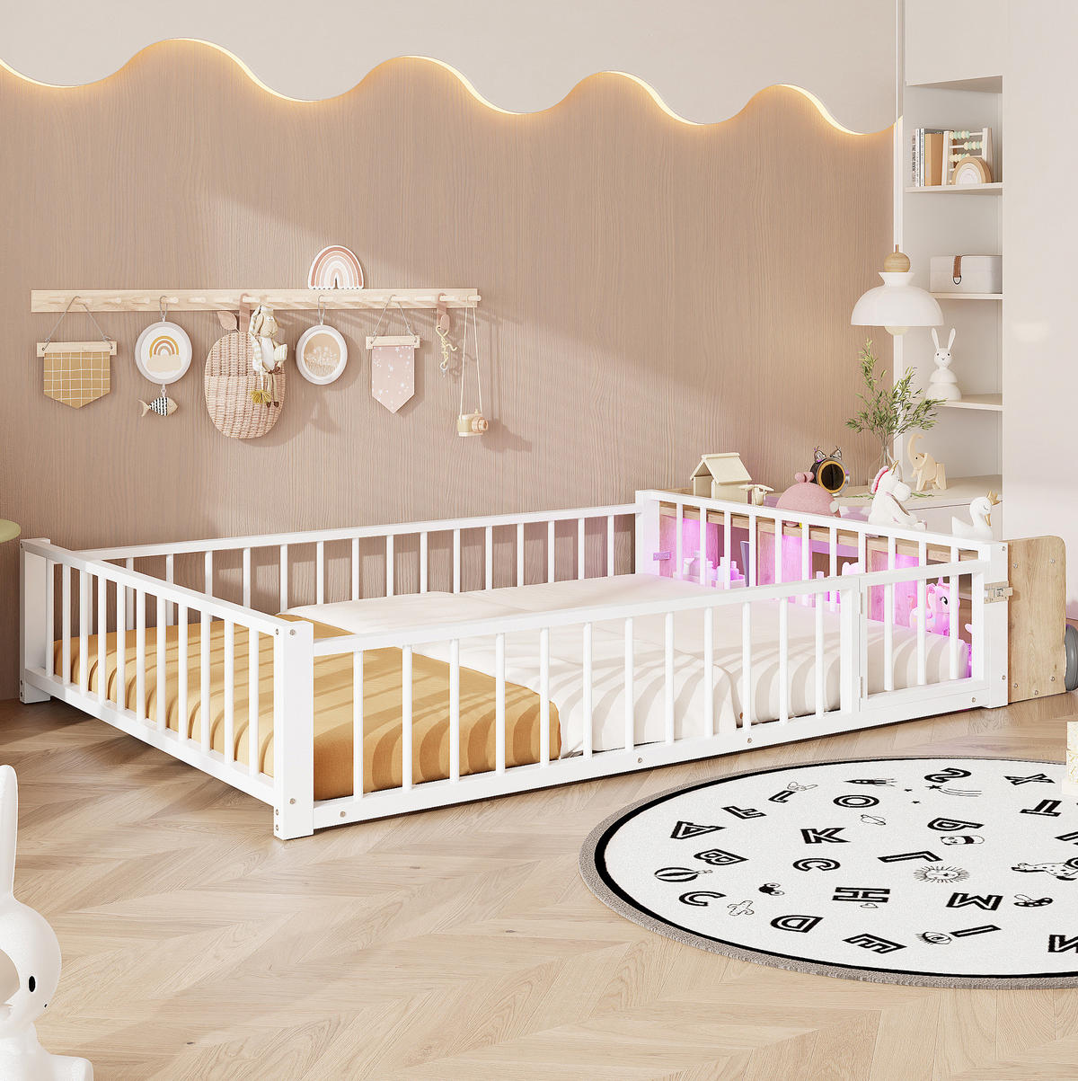 KINDERBETT aus Metall und MDF 140x200 cm Weiß mit Schutzgeländer, Stauraum und LED-Beleuchtung - Weiß, Holzwerkstoff (140/200cm) - IVMEU