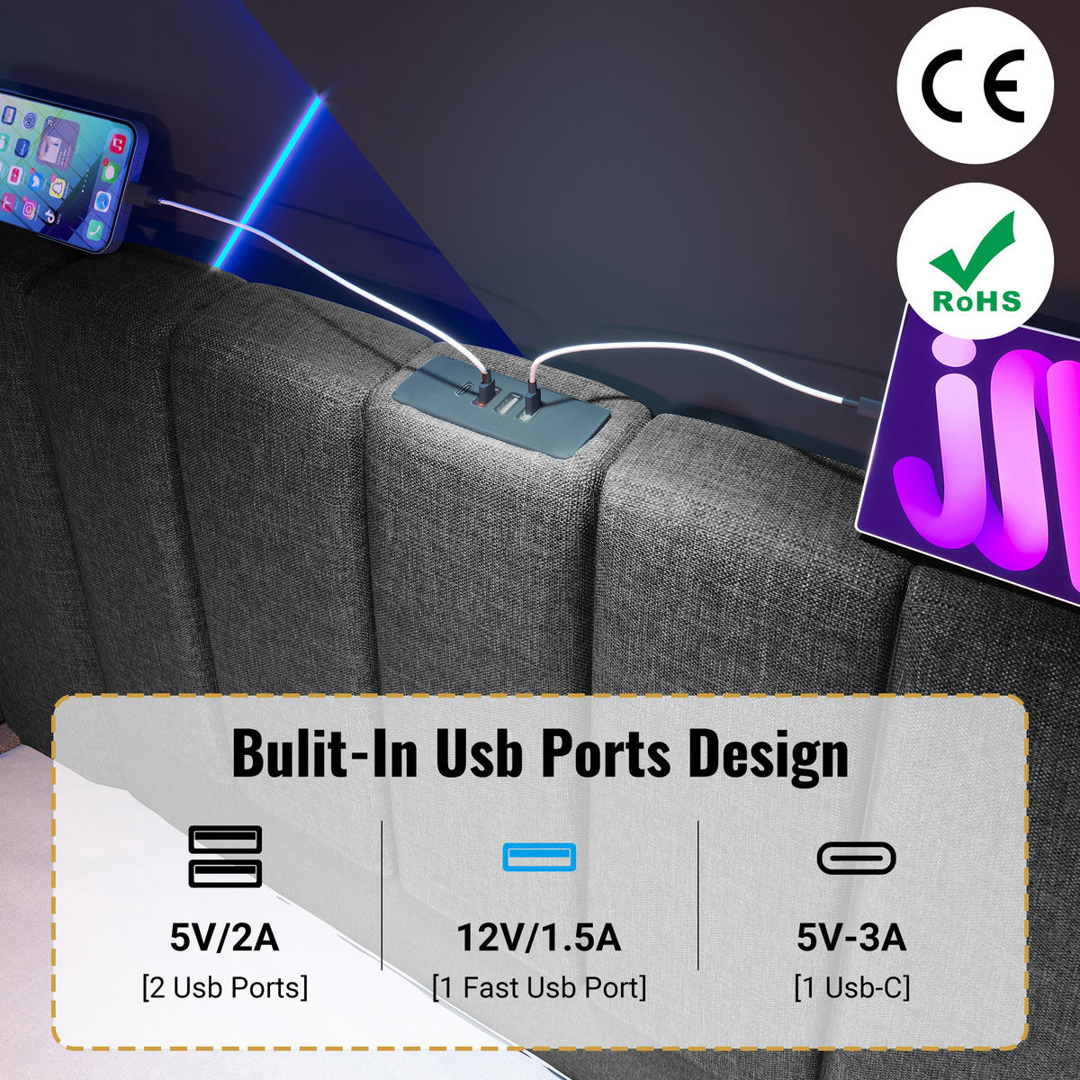 POLSTERBETT 180/200 cm in Grau Leinen mit Bettkasten, LED und USB - Grau, Holzwerkstoff/Textil (180/200cm) - WISHDOR