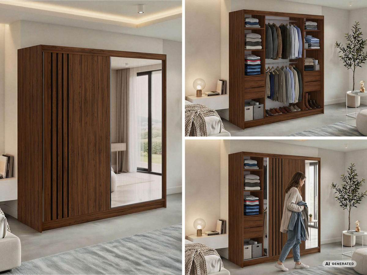 SCHWEBETÜRENSCHRANK mit Lamellen und Spiegel DIANA - 240 - Warmia Walnuss und Schwarz - Walnussfarben/Schwarz, Holzwerkstoff/Metall (240/216/61cm) - MKS