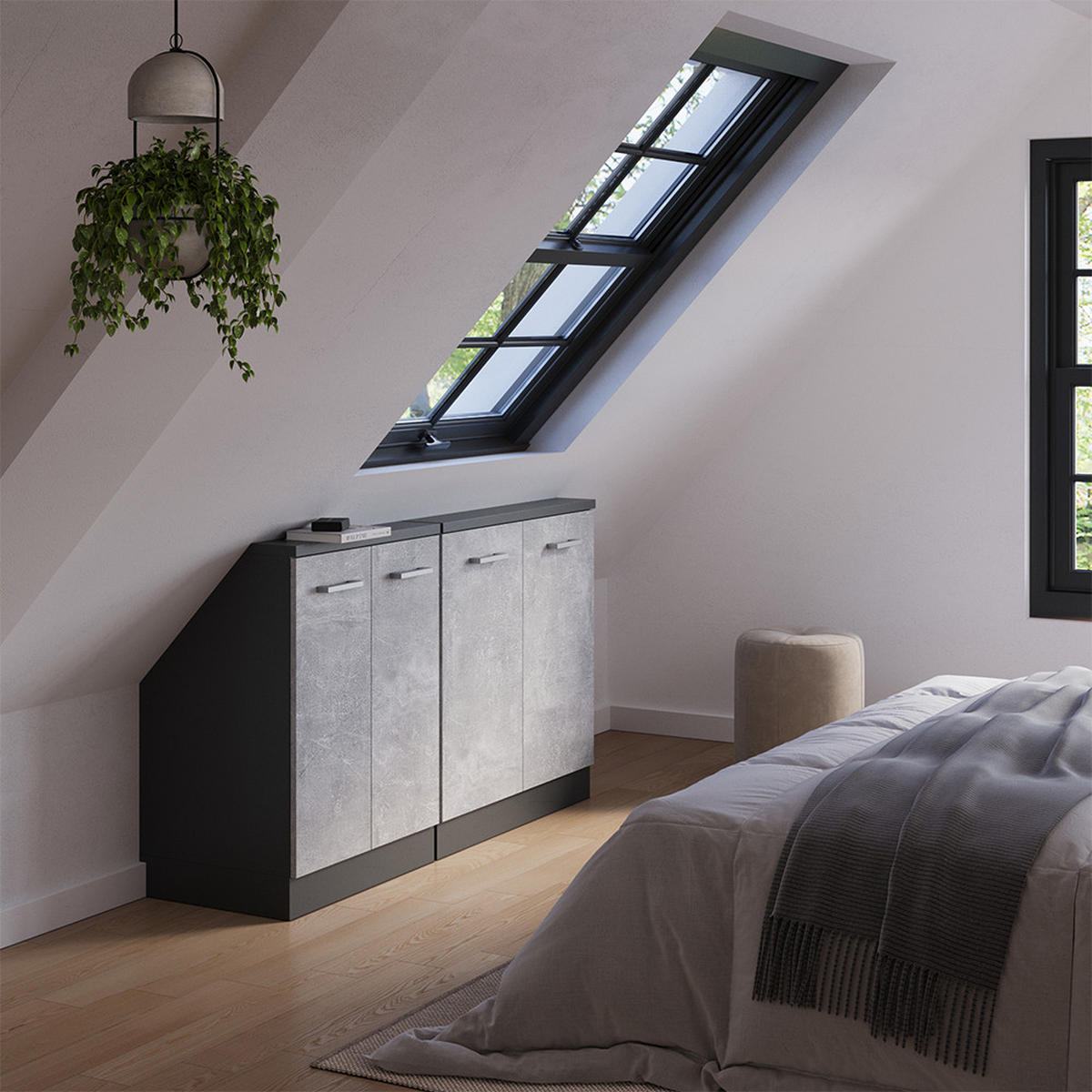 KUCHYŇSKÁ SKŘÍŇKA POD ŠIKMOU STŘECHU R-Line Beton/antracit - šedá/antracitová, kompozitní dřevo (140/81.6/46cm) - Vicco