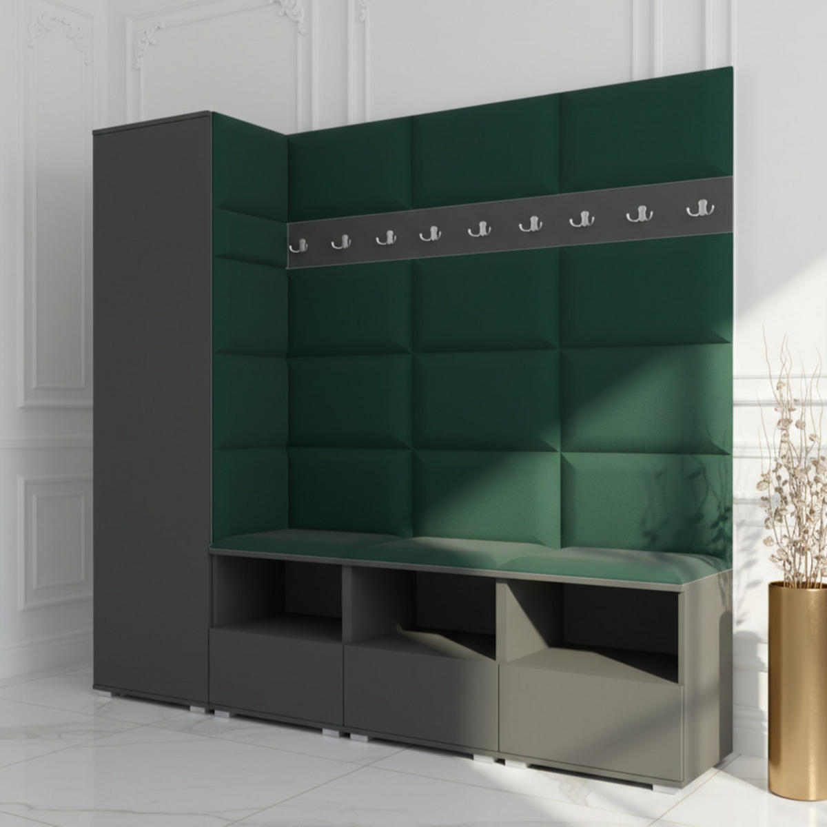 GARDEROBE NELA IX 200 cm (Modulare Flurmöbel Graphit mit Sitzpolster Flaschengrün 28 Breite Sitzbank) - Dunkelgrün/Silberfarben, Holz/Holzwerkstoff (200/187/40cm) - Ravio