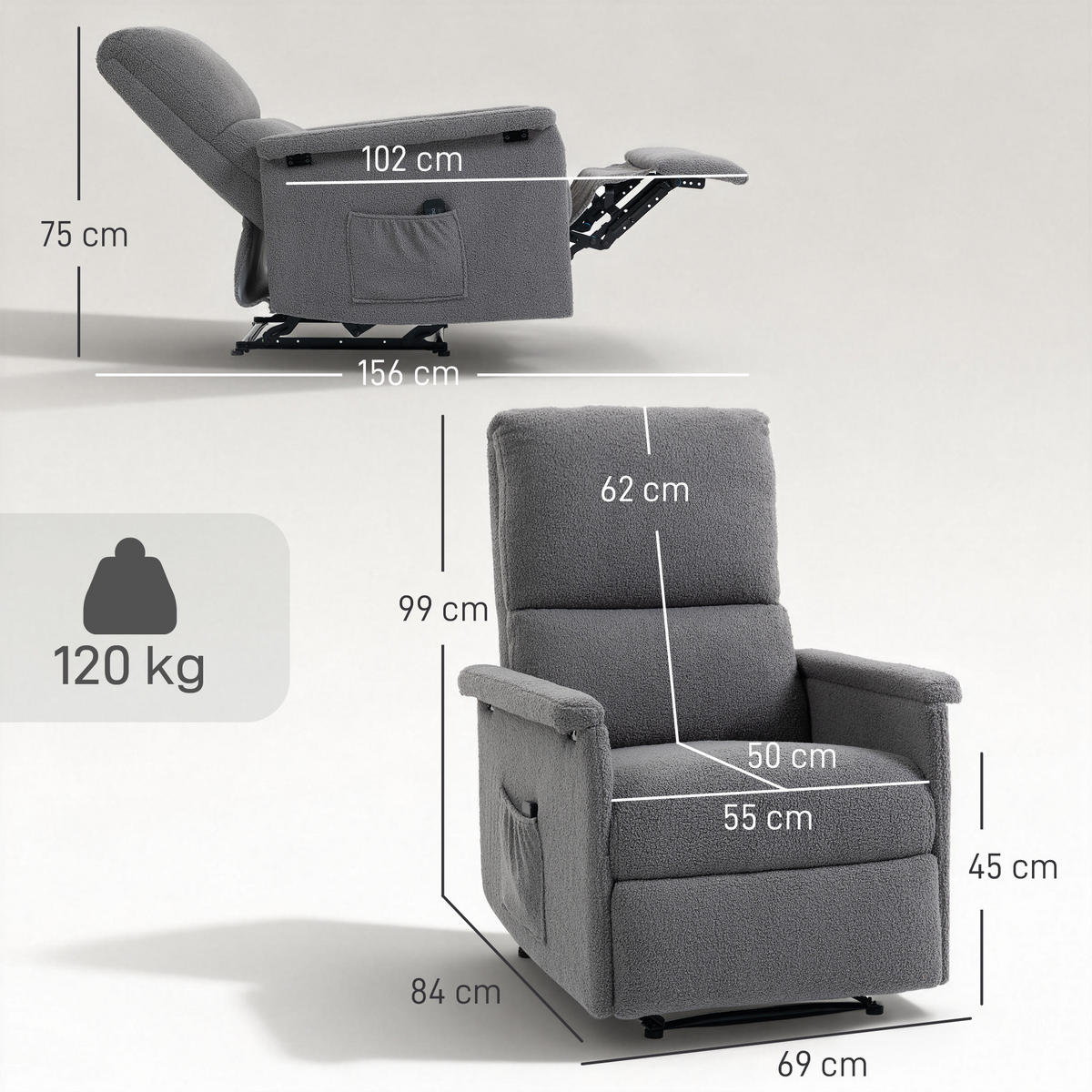 MASSAGESESSEL Grau mit Massagefunktion und Liegefunktion 84/69/99 cm - Hellgrau, Textil (84/99/69cm) - PANGIVO