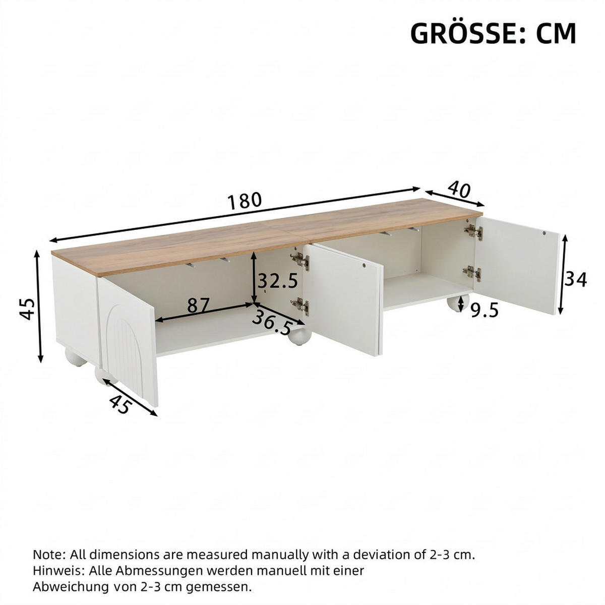 TV-SCHRANK 180/40/45 cm Weiß mit 4 Türen - Eichefarben, Holzwerkstoff/Metall (180/45/40cm) - Oxeza