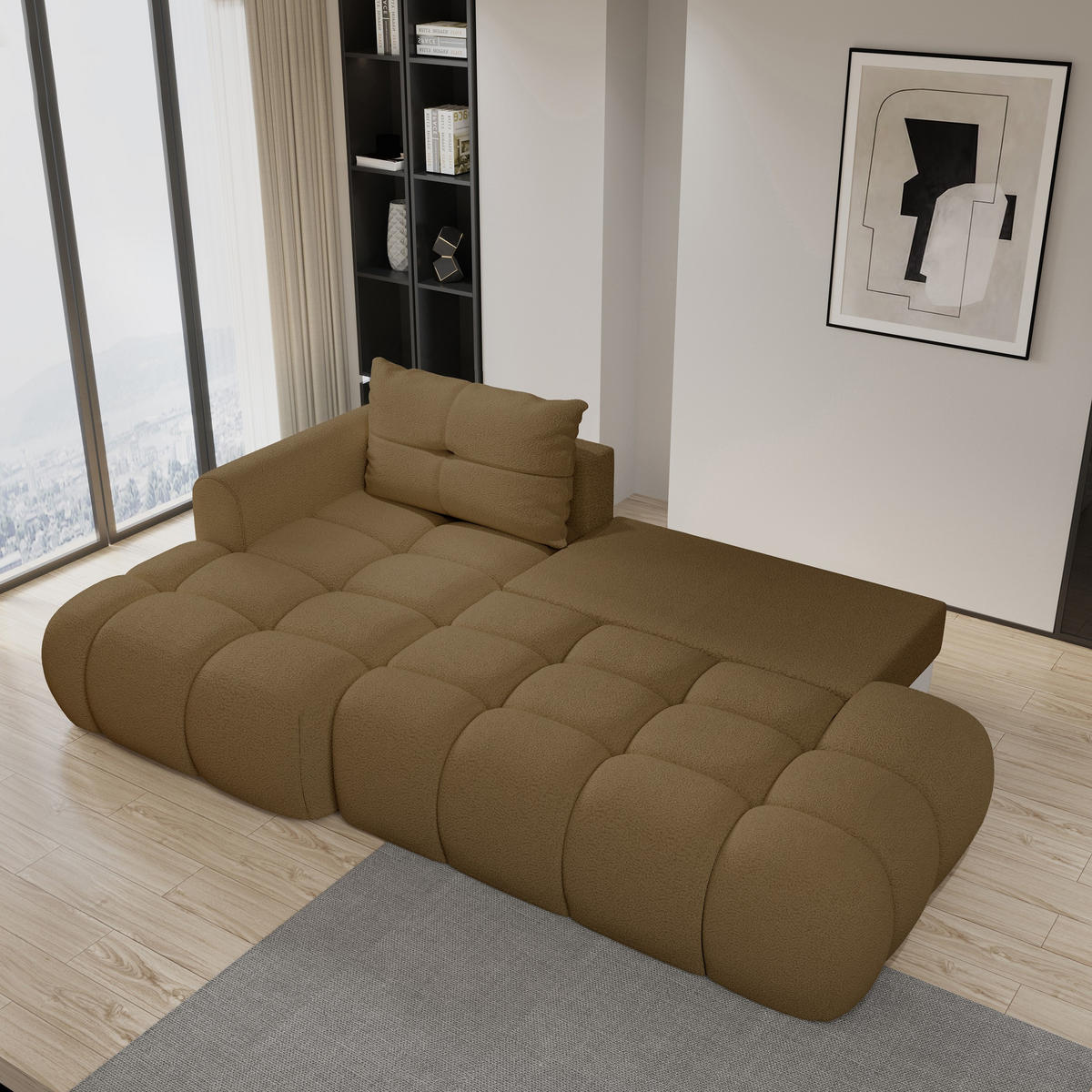 ECKSOFA FLUMA L-S Orange Boucle-Stoff mit Schlaffunktion - Orange, Holz (274/165cm) - MASSENO