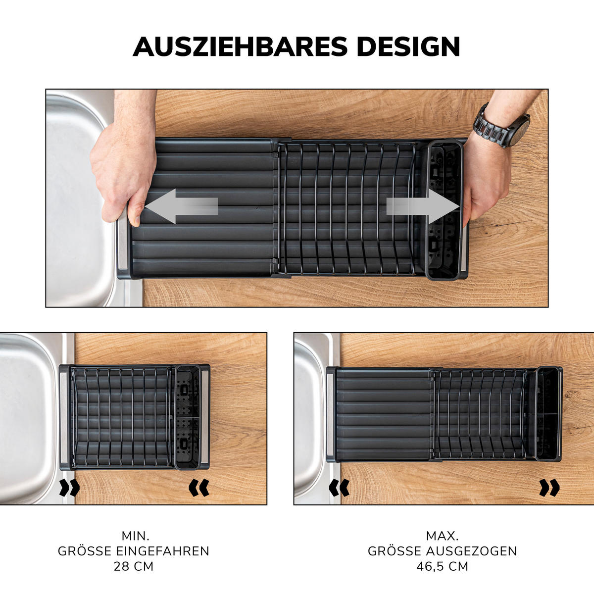 GESCHIRR-ABTROPFGESTELL ausziehbar, schwarz - Schwarz, Kunststoff (46.5/12.5/19.5cm) - eluno