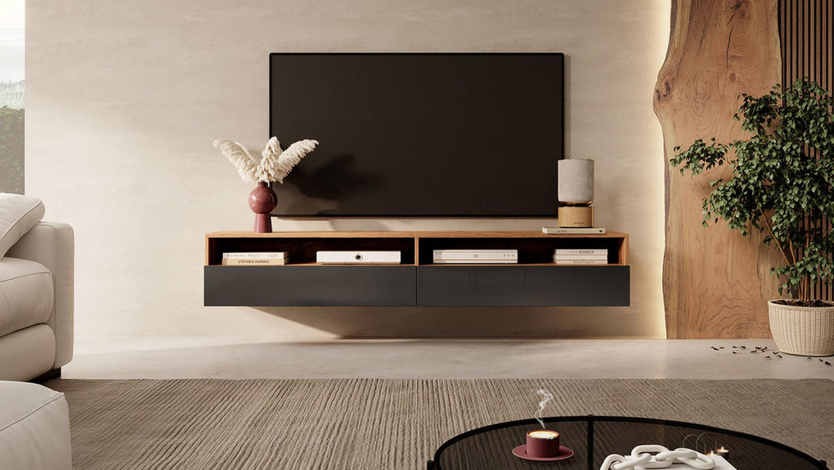 TV-LOWBOARD Rednaw mit LED Eiche/Schwarz Hochglanz 180 cm - Grau, Holzwerkstoff (180/30/31cm) - Selsey