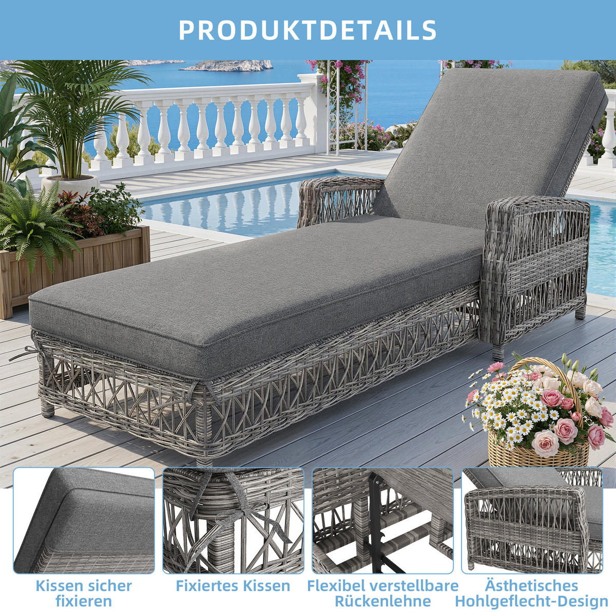SONNENLIEGE Rattan Grau verstellbar Kissen wetterfest 1 Set - Grau, Metall (70/58/192cm) - FLIEKS