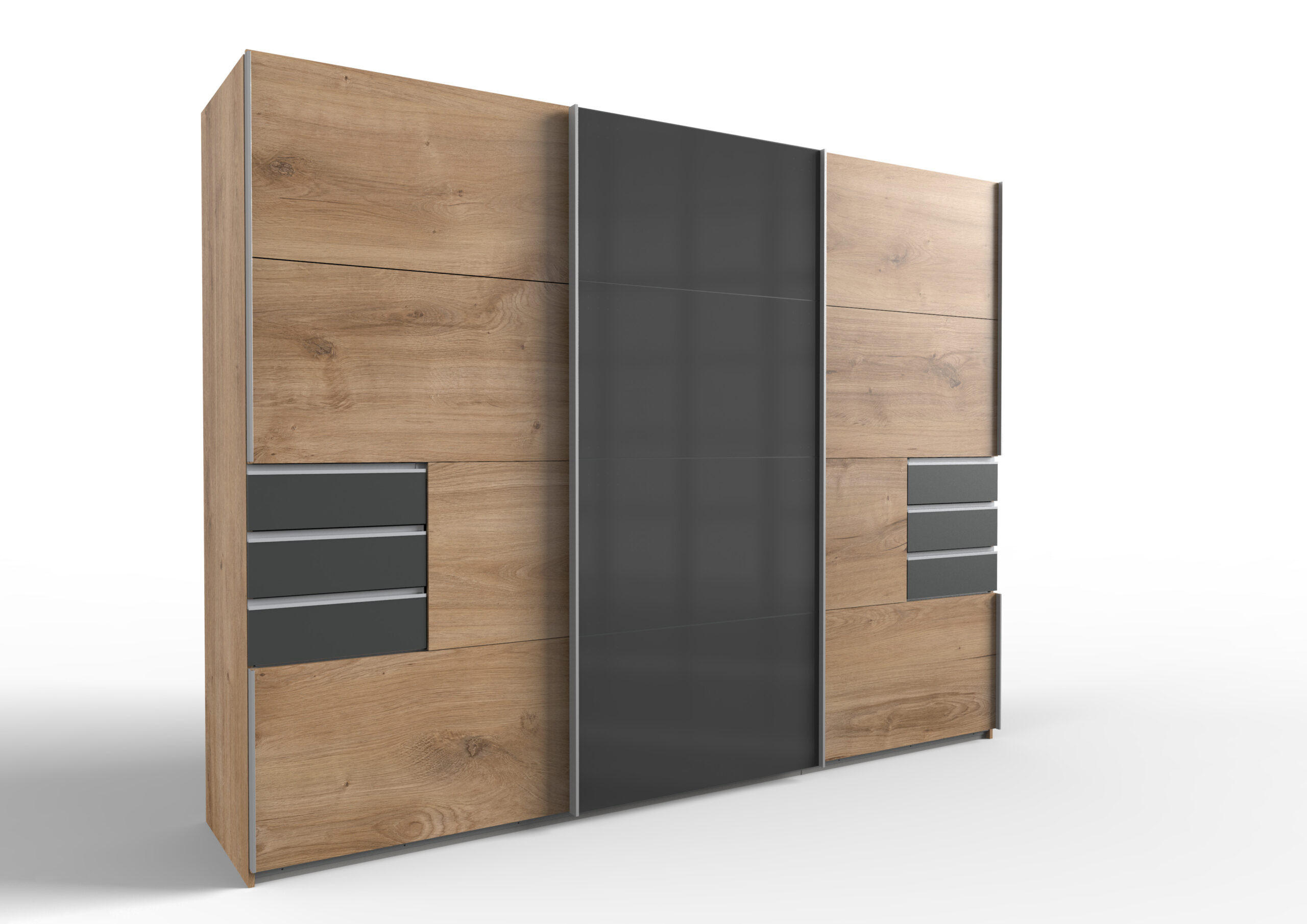 KLEIDERSCHRANK Saigon in Plankeneiche und Grafit mit einer Türfront in Glas Grey – Schwebetürenschrank 3 türig - 270 cm Breite - Braun, Holzwerkstoff (80/200/120cm)