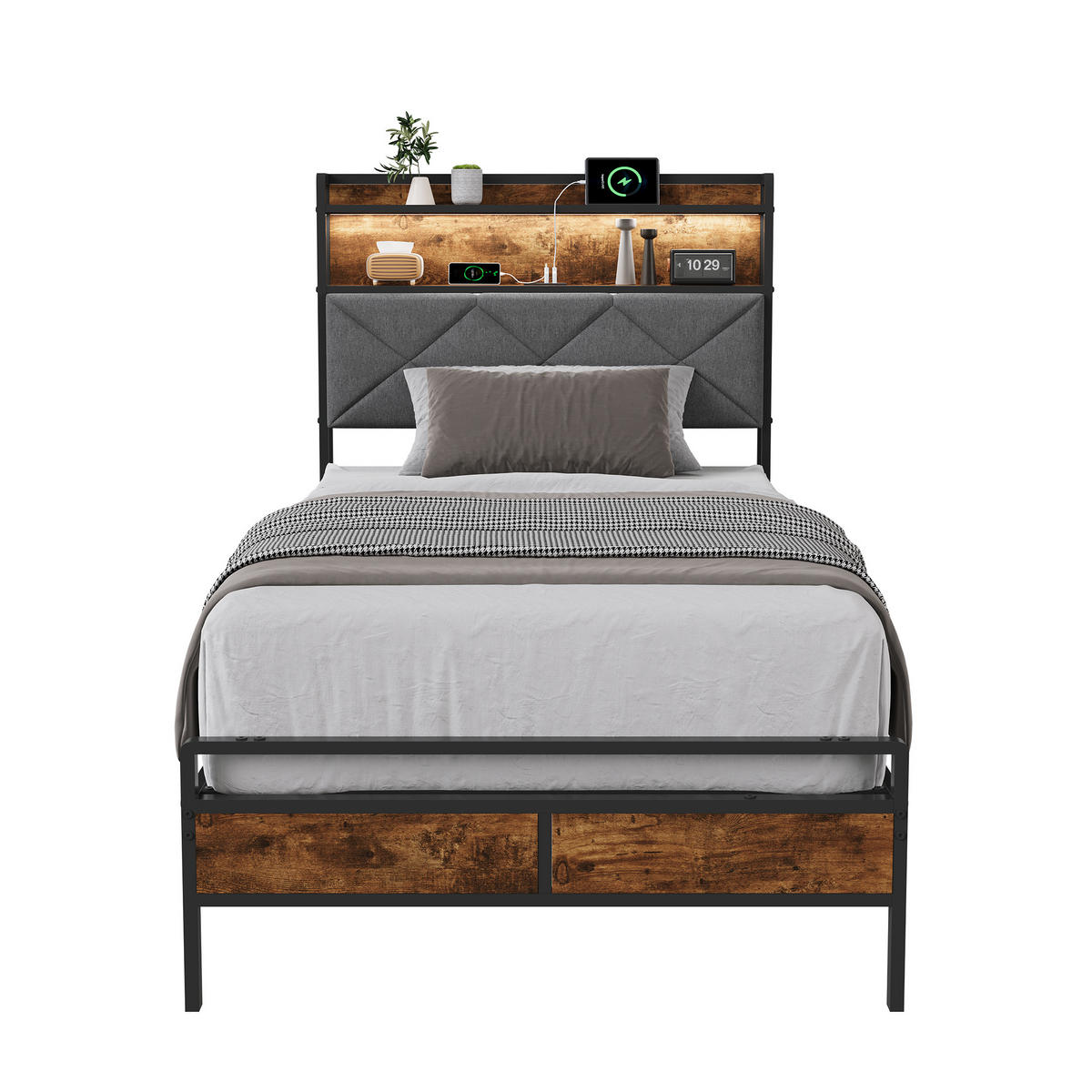 METALLBETT 90x200 cm mit LED, USB & Ablage, Grau - Grau, Metall (90/200cm) - EuroLiving