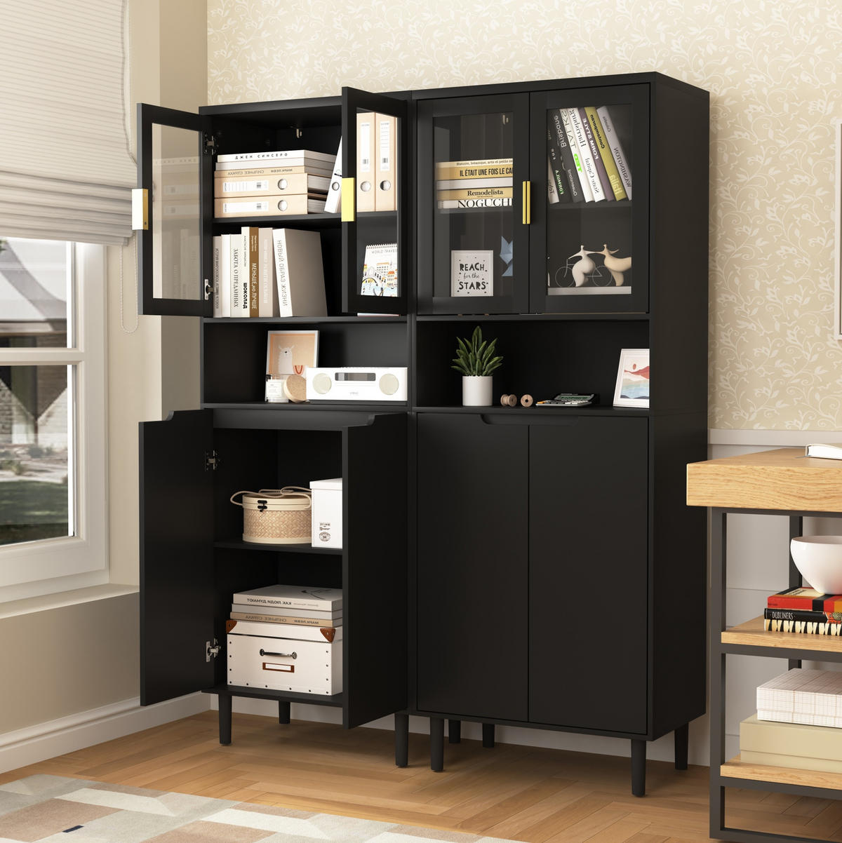 VITRINE aus MDF 60x35x160 cm Schwarz mit gehärteten Glastüren, verstellbarem Einlegeboden und Kippschutz - Schwarz, Holzwerkstoff (60/160/35cm) - Modfu
