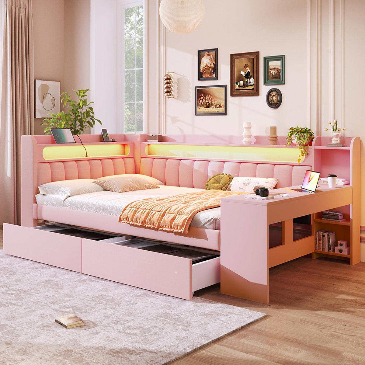 POLSTERBETT 140x200 cm mit Schreibtisch und 2 Schubladen, Rosa - Pink, Metall (140/200cm) - KOMHTOM