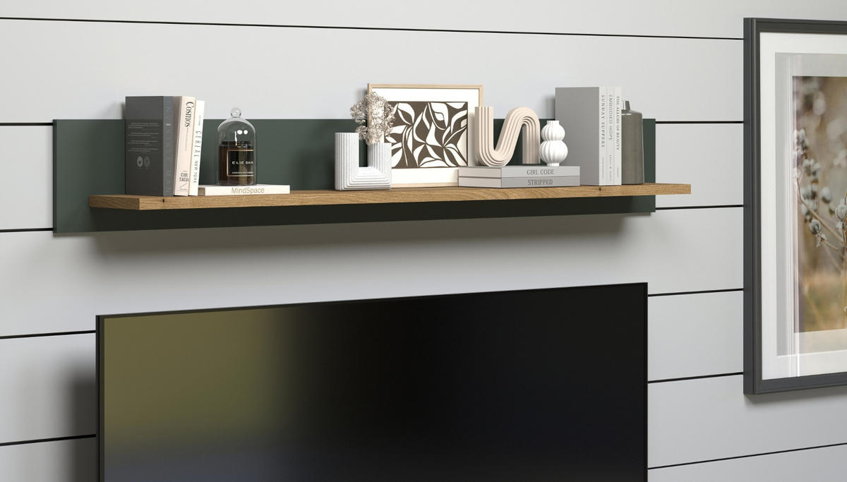 WANDBOARD grün, Evoke Eiche Landhaus, Wandregal 156 cm - Eichefarben/Grün, Holzwerkstoff (156/22/22cm) - Top.Furn
