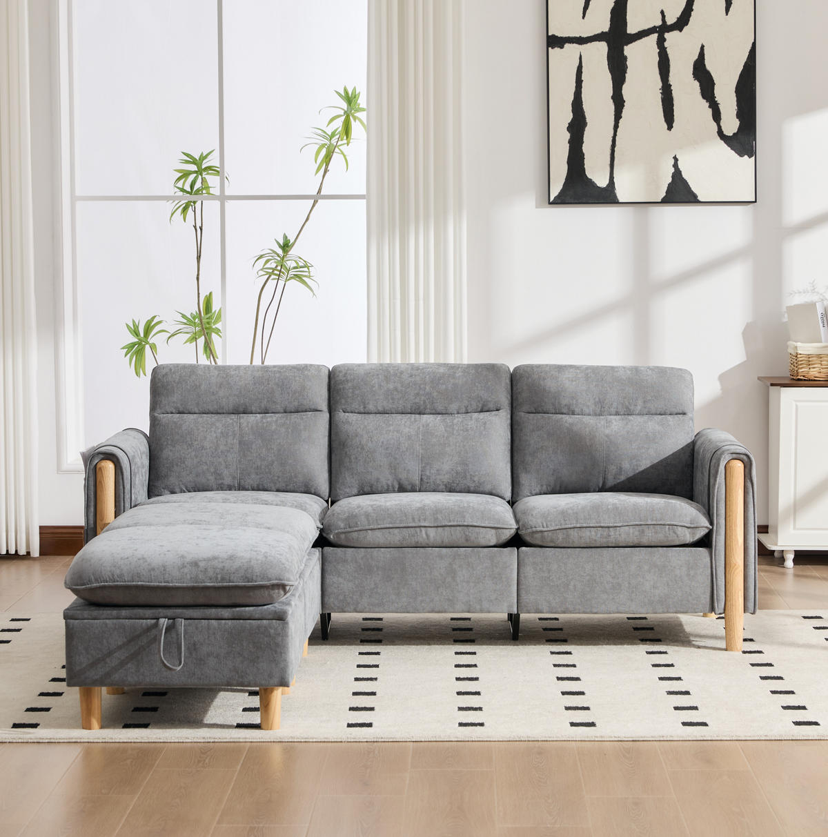 SOFA mit Stauraumhocker L-Form 201 x 77 x 86 cm Chenille Hellgrau - Hellgrau, Holz (77/201cm) - Meubliv