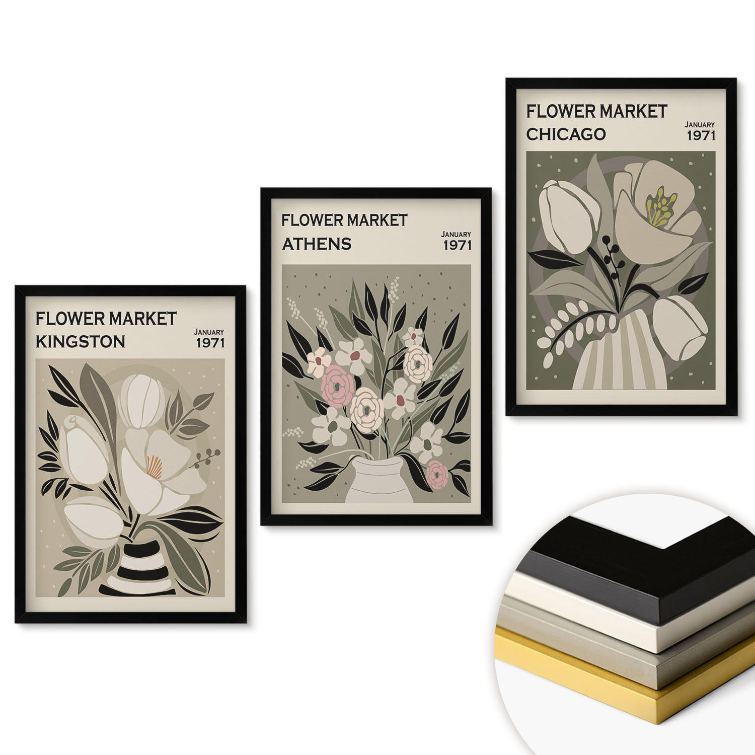 WANDBILDER 3er-Set - 40x60 cm Schwarzer Rahmen - Retro-Blumenarrangements - Schwarz, Kunststoff (40/60cm) - ArtPrintCave