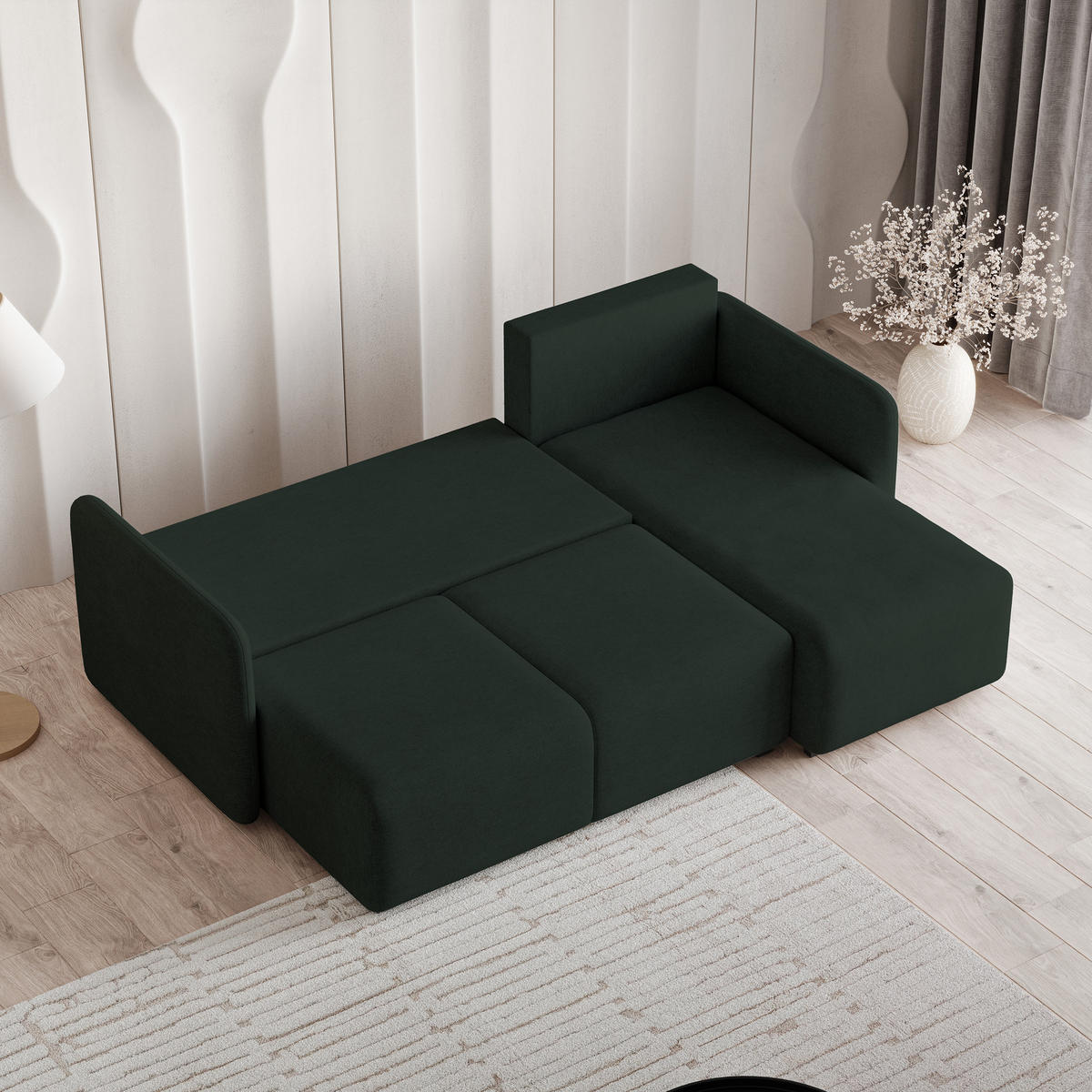 ECKSOFA SUVINO Grün Geflochtener Stoff mit Schlaffunktion - Grün, Holz (230/143cm) - MASSENO