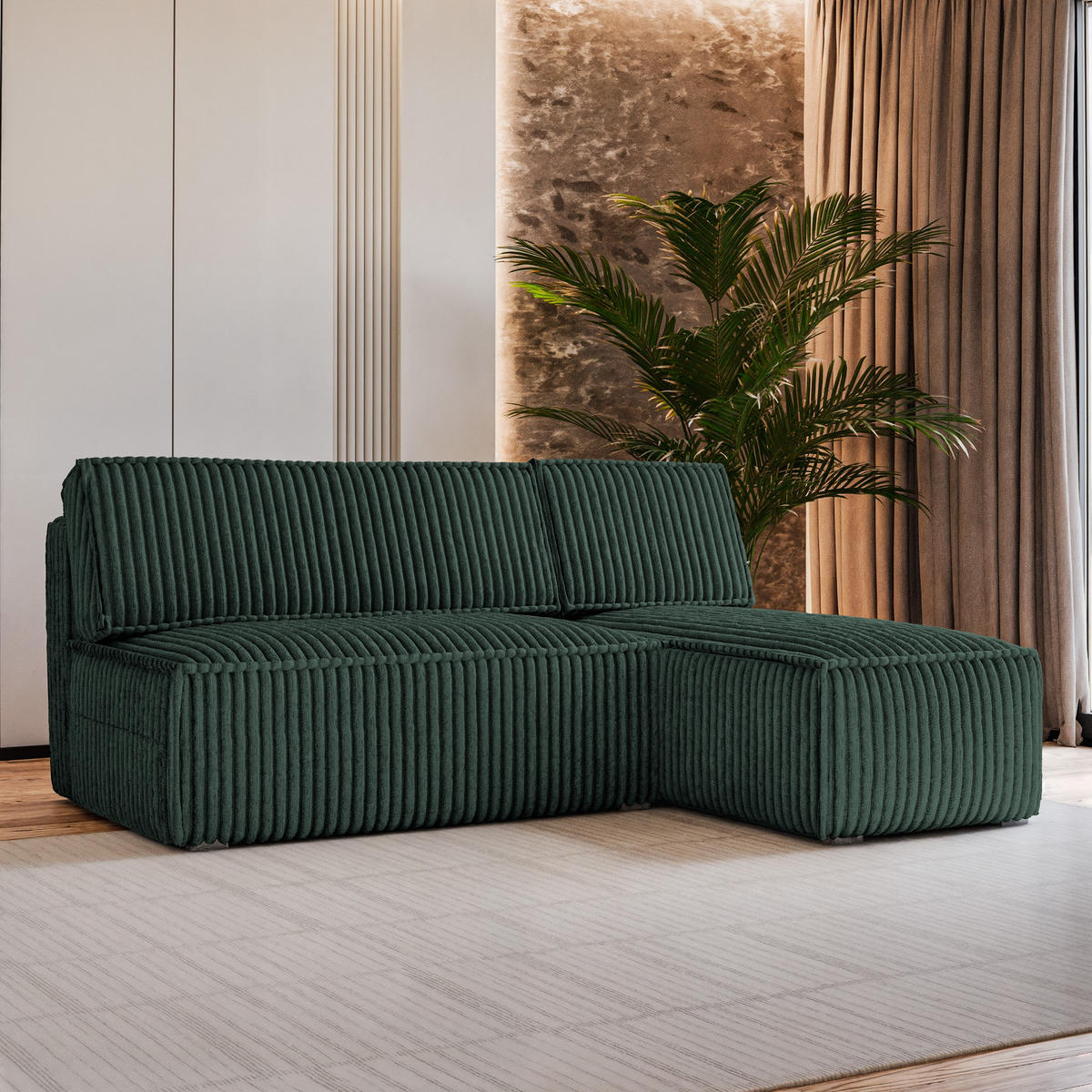 ECKSOFA BRISO T Grün Kordstoff mit Schlaffunktion - Grün, Holz (200/140cm) - MASSENO