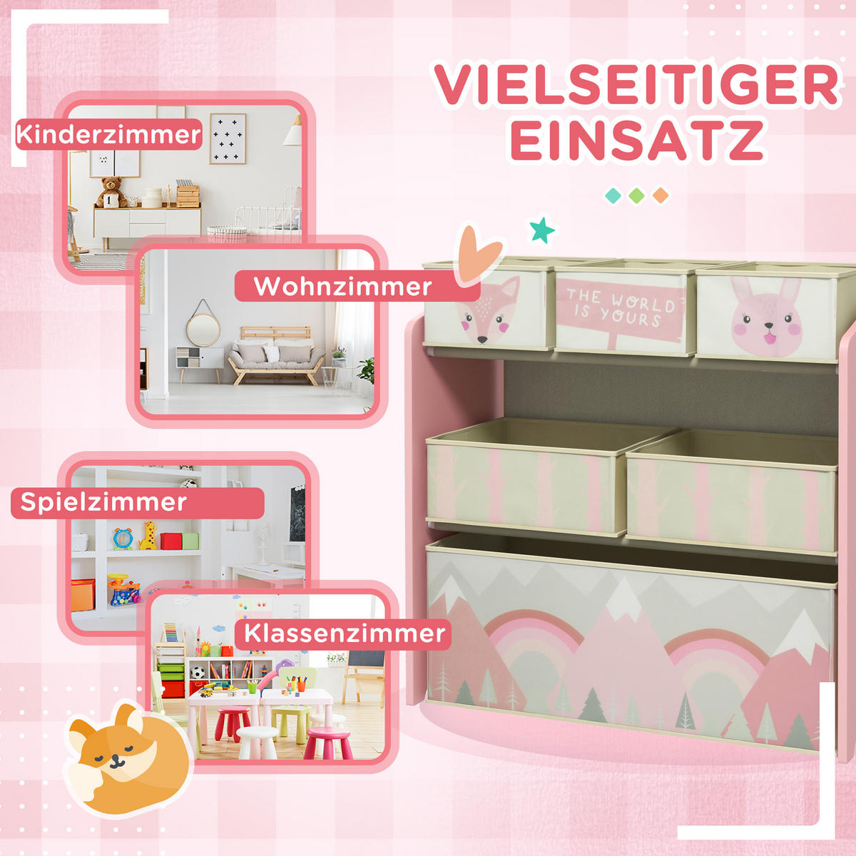 KINDERREGAL Spielzeugregal mit 6 herausnehmbaren Boxen aus Vliesstoff Rosa - Rosa, Holzwerkstoff (30/66/63cm) - ZONEKIZ