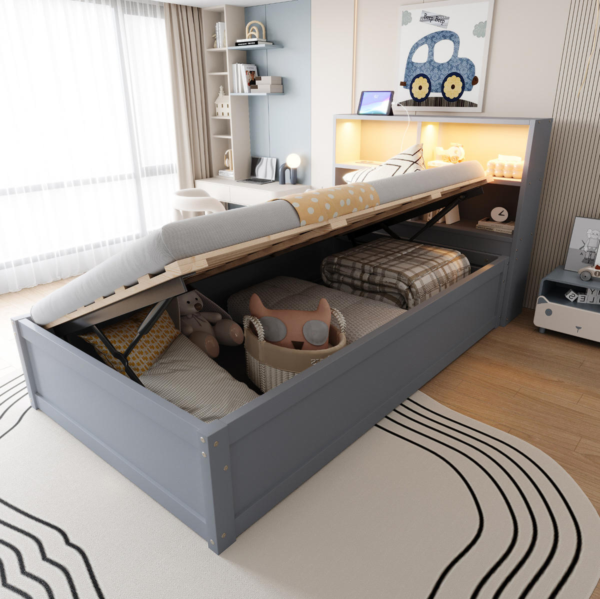 BETT 90/200 cm Grau aus Holz mit LED-Lichtleiste - Grau, Holz (90/200cm) - OKMYHOME