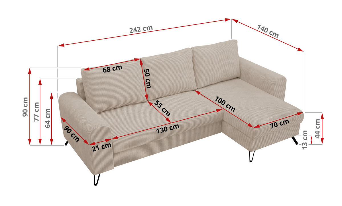 ECKSOFA Hugo Cord Beige - Beige/Schwarz, Textil/Metall (242/140cm) - MKS