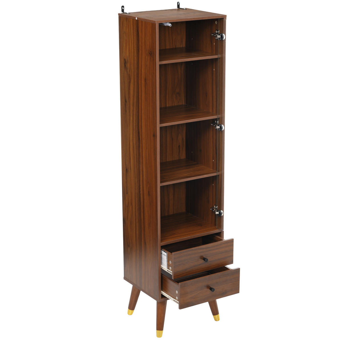 HIGHBOARD Nussbaumholz-Optik mit Glastür, 2 Schubladen & verstellbaren Regalen - Walnussfarben, Holzwerkstoff (39.8/160/35cm) - Urban Meuble