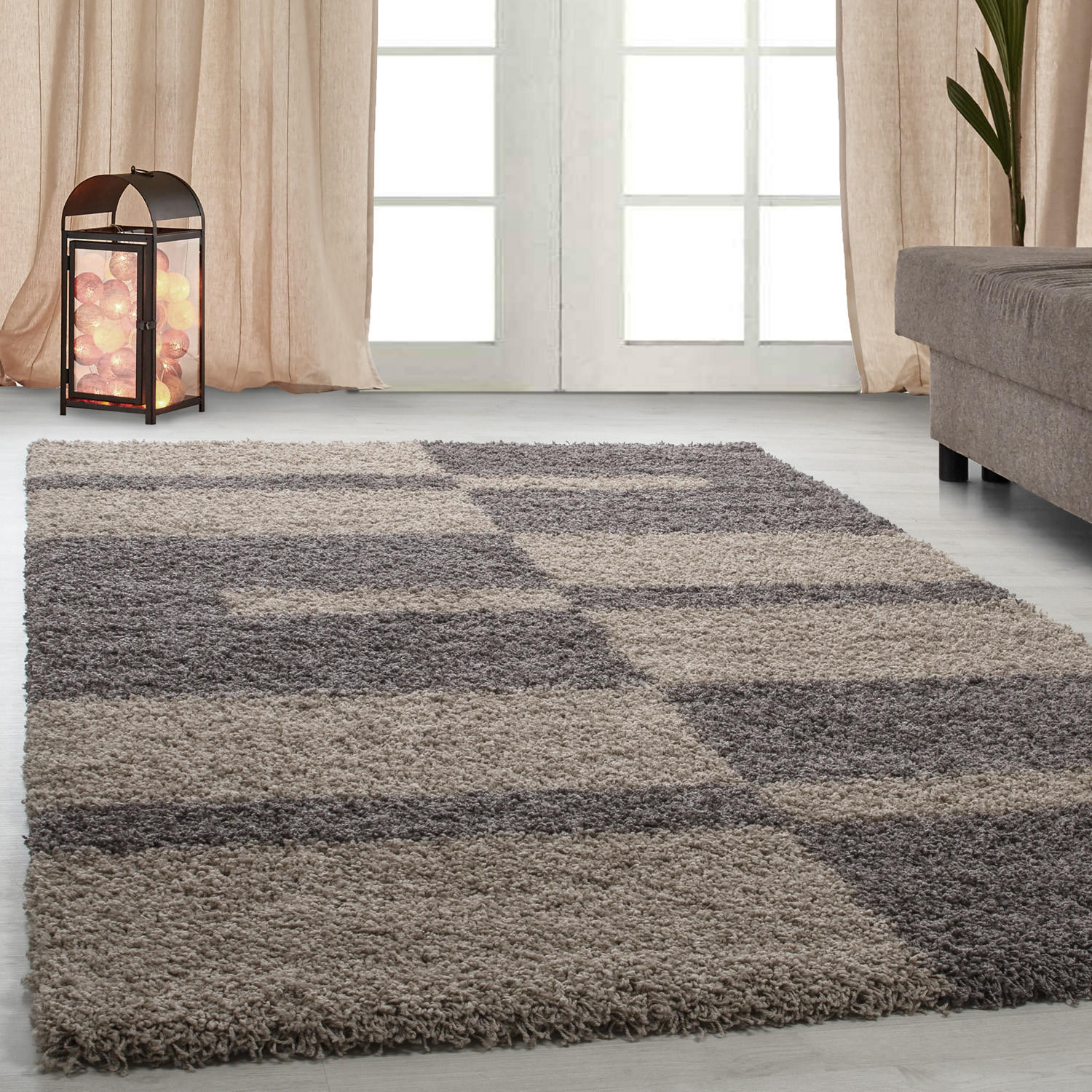 TEPPICH Hochflor Shaggy Karo Design Polypropylen Wohnzimmer Taupe Rechteckig 160x230 - Taupe, Textil (160/230cm) - KADIMA DESIGN