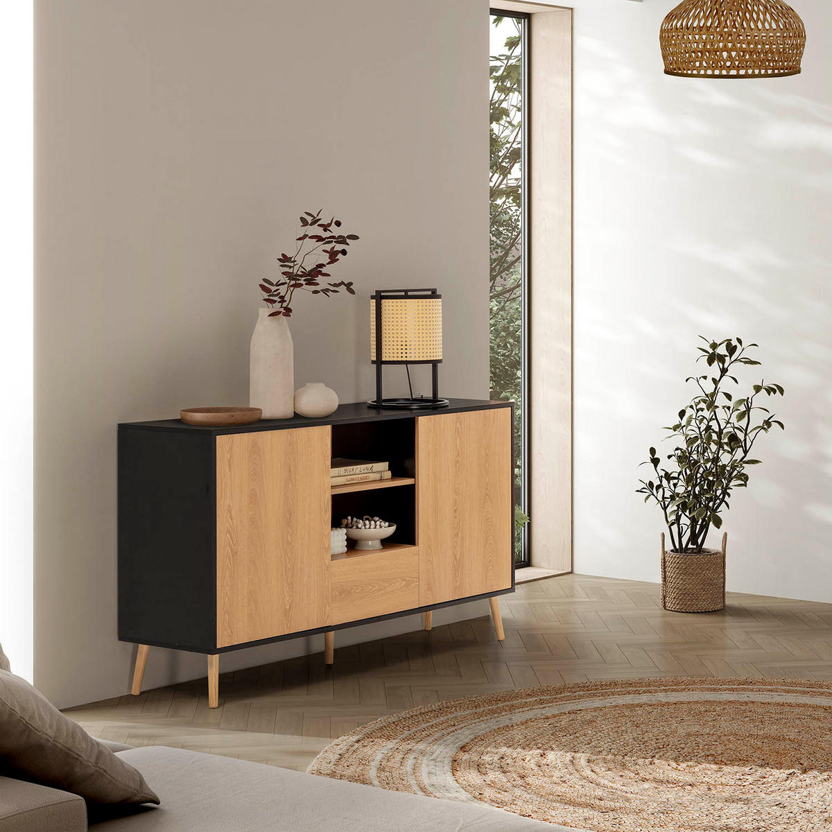 SIDEBOARD Apolo 2 Türen 1 Schublade, Schwarz/Holzfarbe - Schwarz, Holzwerkstoff (136/80/40cm)