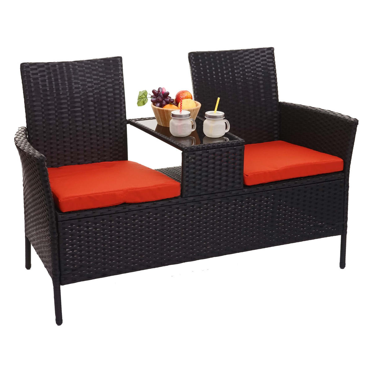 POLY-RATTAN SITZBANK MIT TISCH Schwarz, Orange - Schwarz/Orange, Kunststoff (132/84/55cm) - MCW